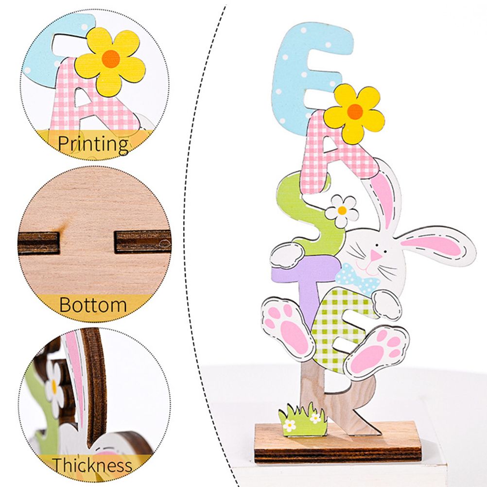 2 Pcs Easter Decorations Wooden Bunny Letter Printing Crafts Ornament Easter Decor for Home Table Party Arrangement Kids Gift - Image 3
