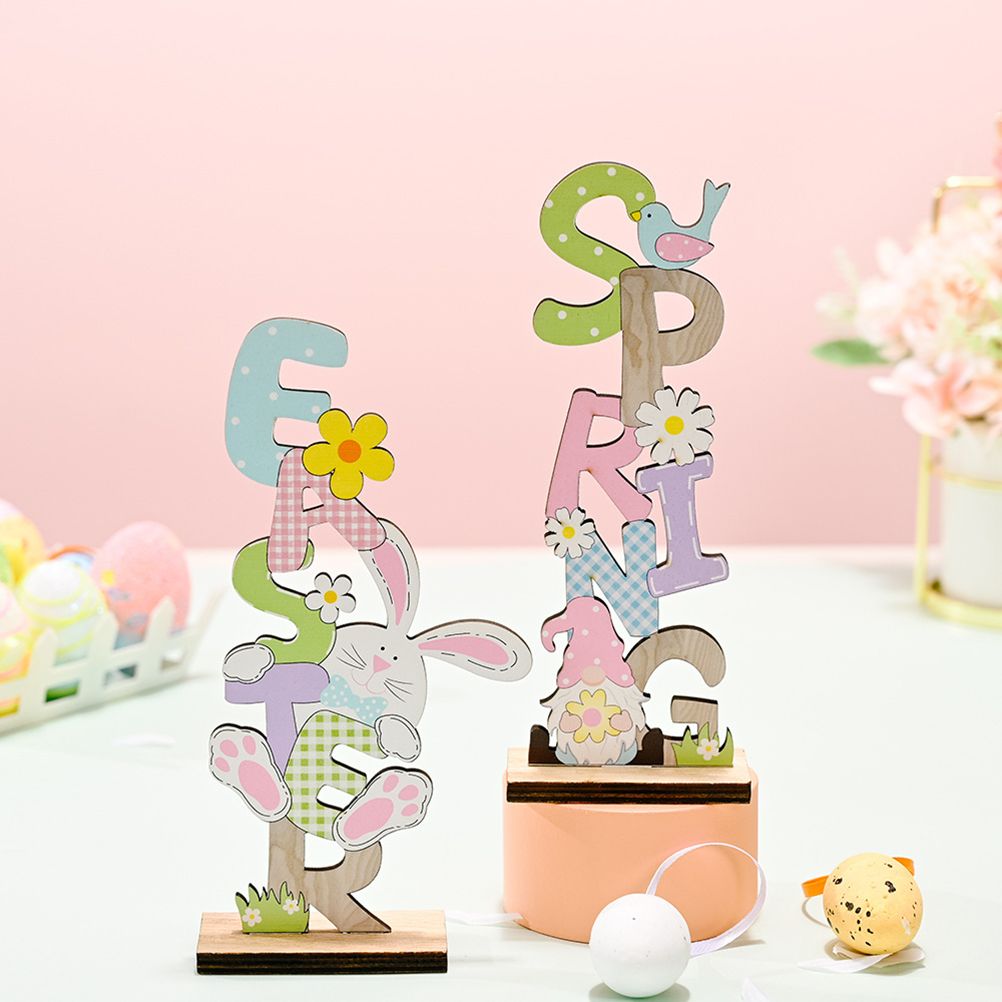 2 Pcs Easter Decorations Wooden Bunny Letter Printing Crafts Ornament Easter Decor for Home Table Party Arrangement Kids Gift - Image 8