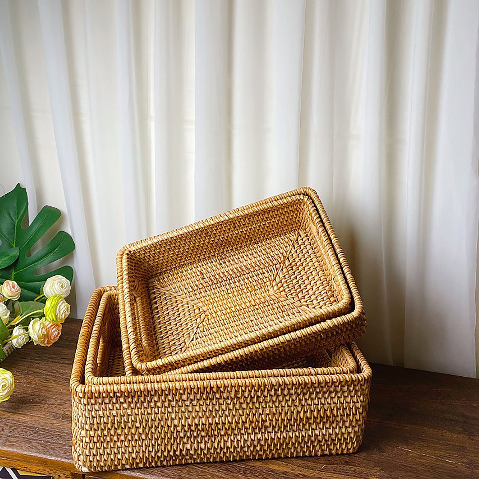 Rattan Storage Basket Desktop Utility Organizer Woven Storage Basket for Coffee Table - Image 8