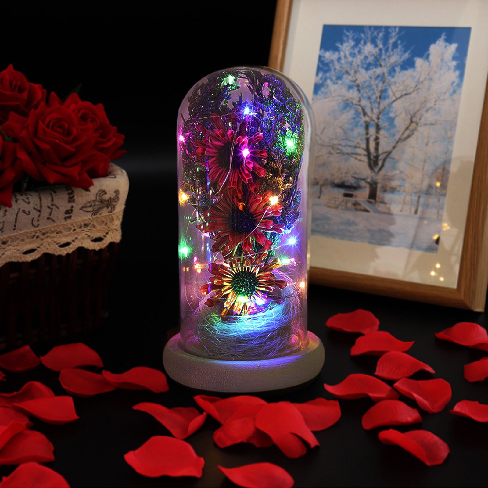 Preserved Flower Glass Dome Artificial Simulation Sunflower with LED Light for Valentine's Day Mother's Day Gift - Image 5
