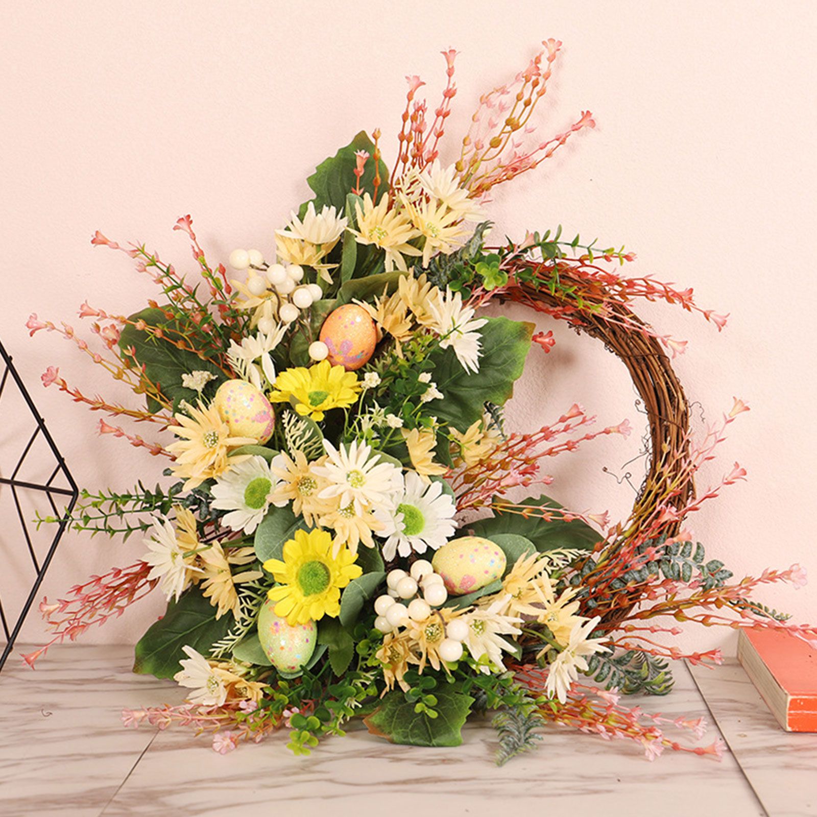 Artificial Wild Chrysanthemum Half Wreath Easter Decorative Wreaths for Home Front Door Decoration - Image 3