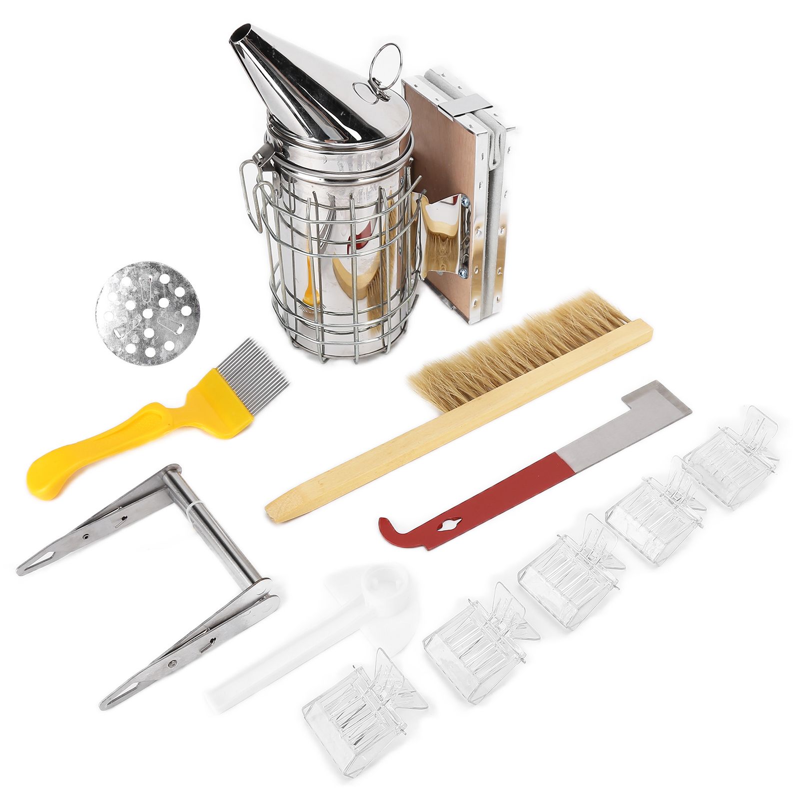 11Pc/Set Beehive Smoker Bee Brush Yellow Needle Scratcher Queen Bee Clips Comb Scratcher Kit - Image 1