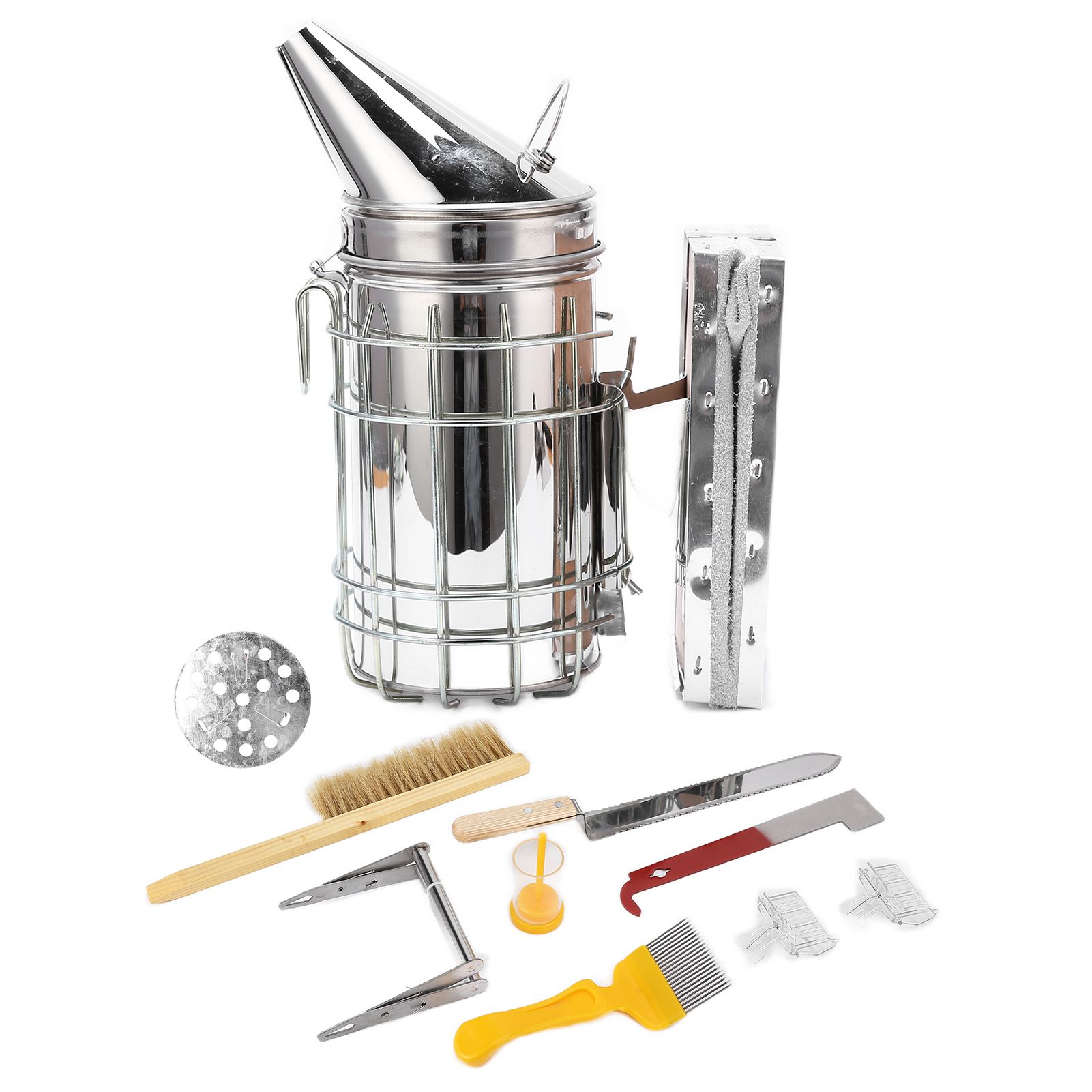 9Pcs/Set Beehive Smoker Kit with Bee Brush Yellow Needle Scratcher Serrated Blade Queen Bee Clips - Image 1