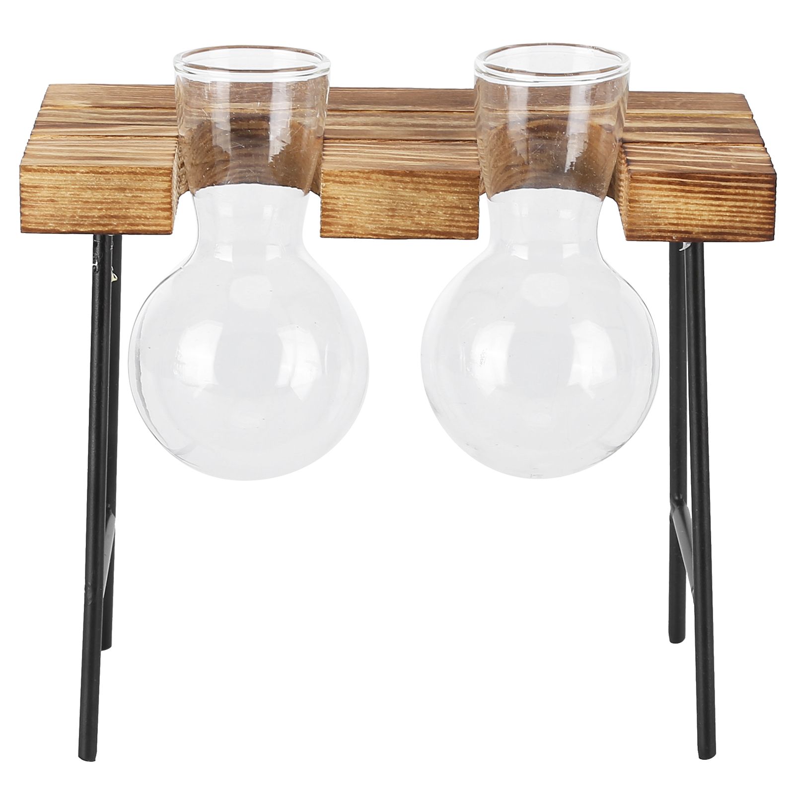 Desktop Glass Planter Wooden Stand Bulb Glass Vase Hydroponics Plant Planter for Home Office Garden2 Bottle - Image 1