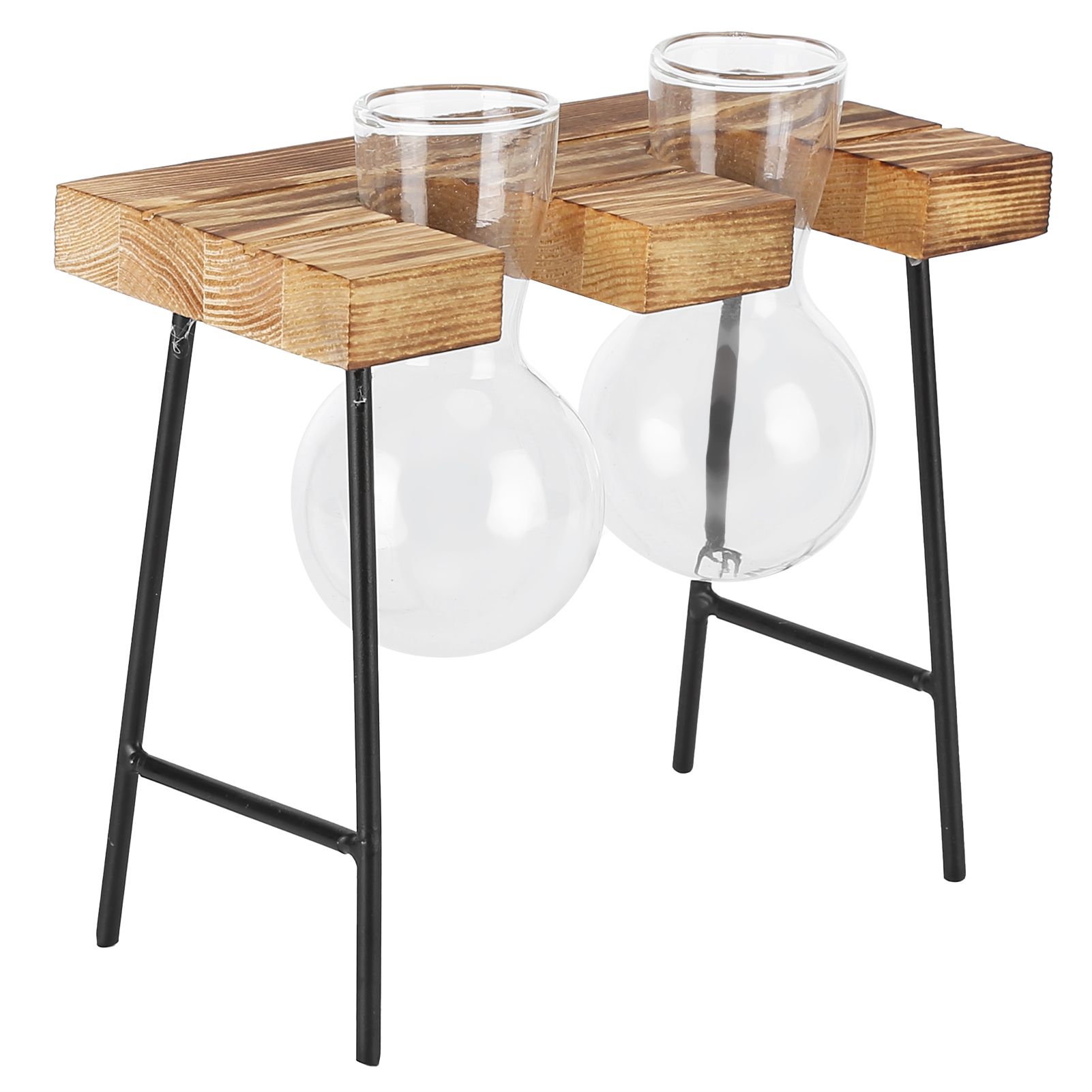 Desktop Glass Planter Wooden Stand Bulb Glass Vase Hydroponics Plant Planter for Home Office Garden2 Bottle - Image 2