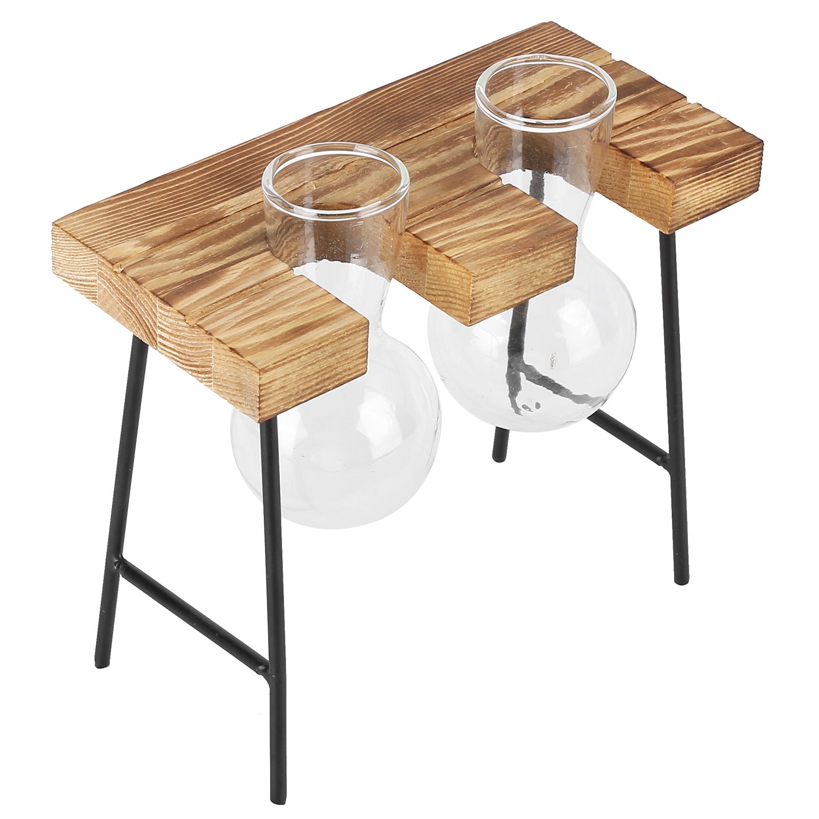Desktop Glass Planter Wooden Stand Bulb Glass Vase Hydroponics Plant Planter for Home Office Garden2 Bottle - Image 3
