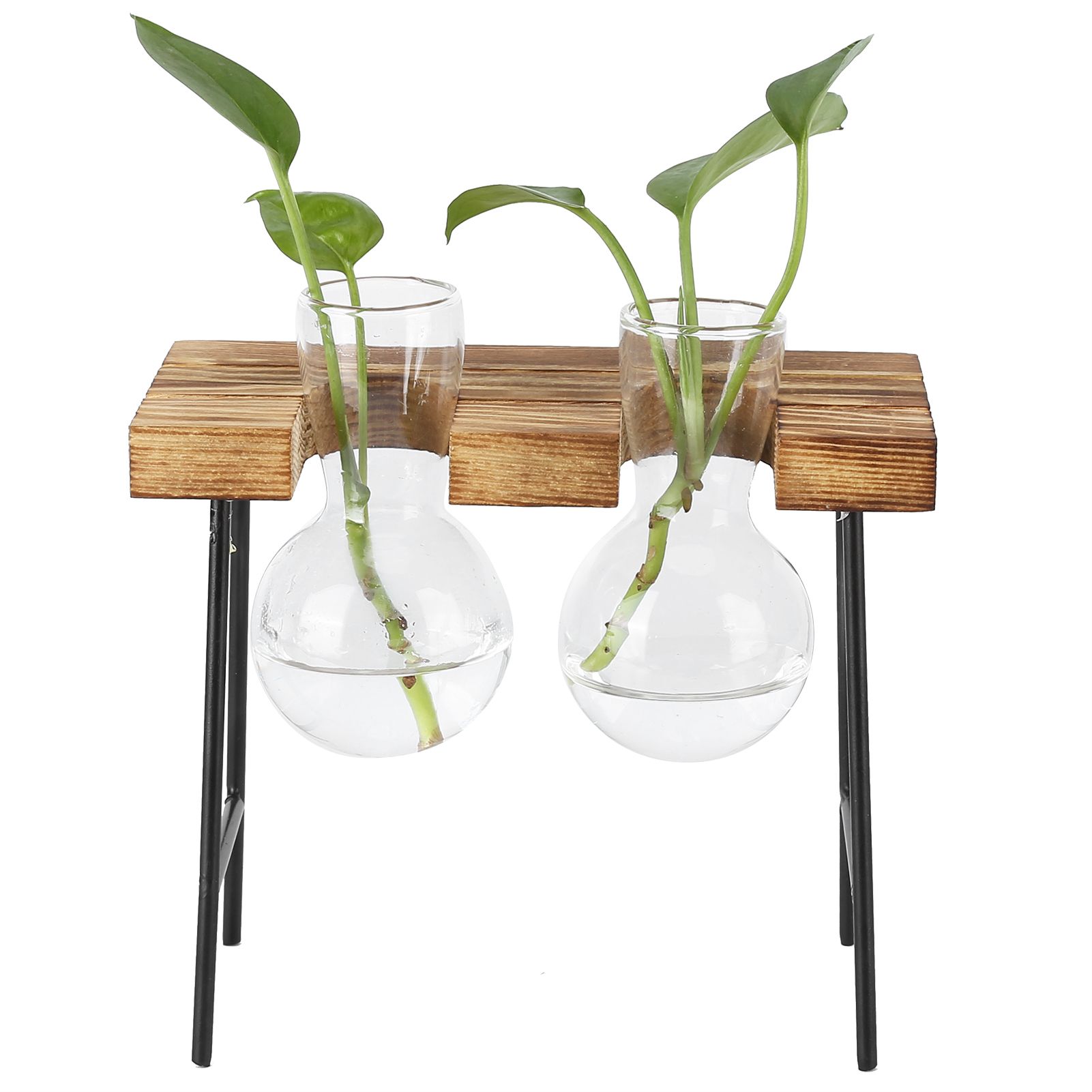 Desktop Glass Planter Wooden Stand Bulb Glass Vase Hydroponics Plant Planter for Home Office Garden2 Bottle - Image 7