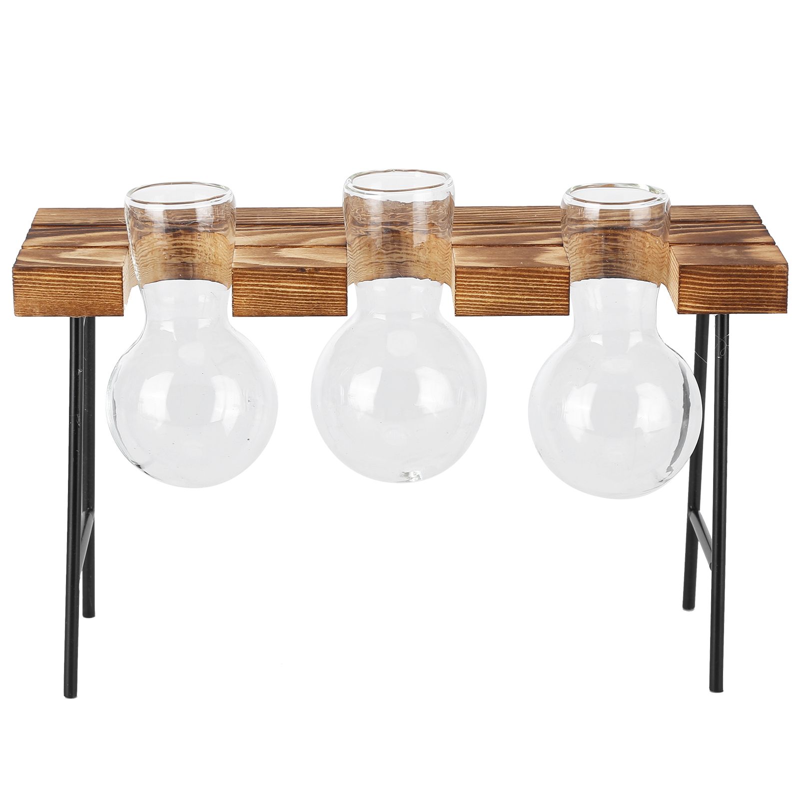 Desktop Glass Planter Wooden Stand Bulb Glass Vase Hydroponics Plant Planter for Home Office Garden3 Bottle - Image 1
