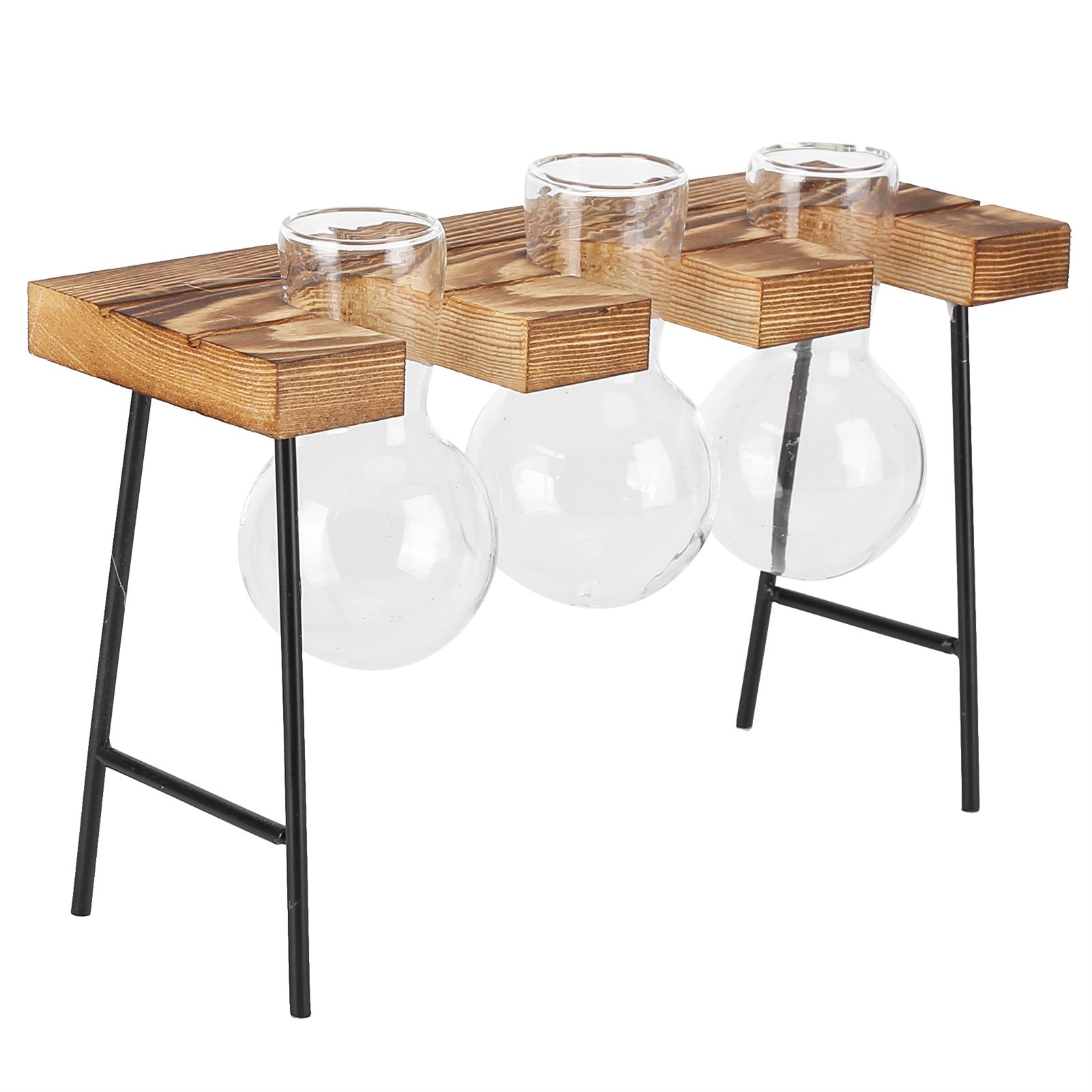 Desktop Glass Planter Wooden Stand Bulb Glass Vase Hydroponics Plant Planter for Home Office Garden3 Bottle - Image 2