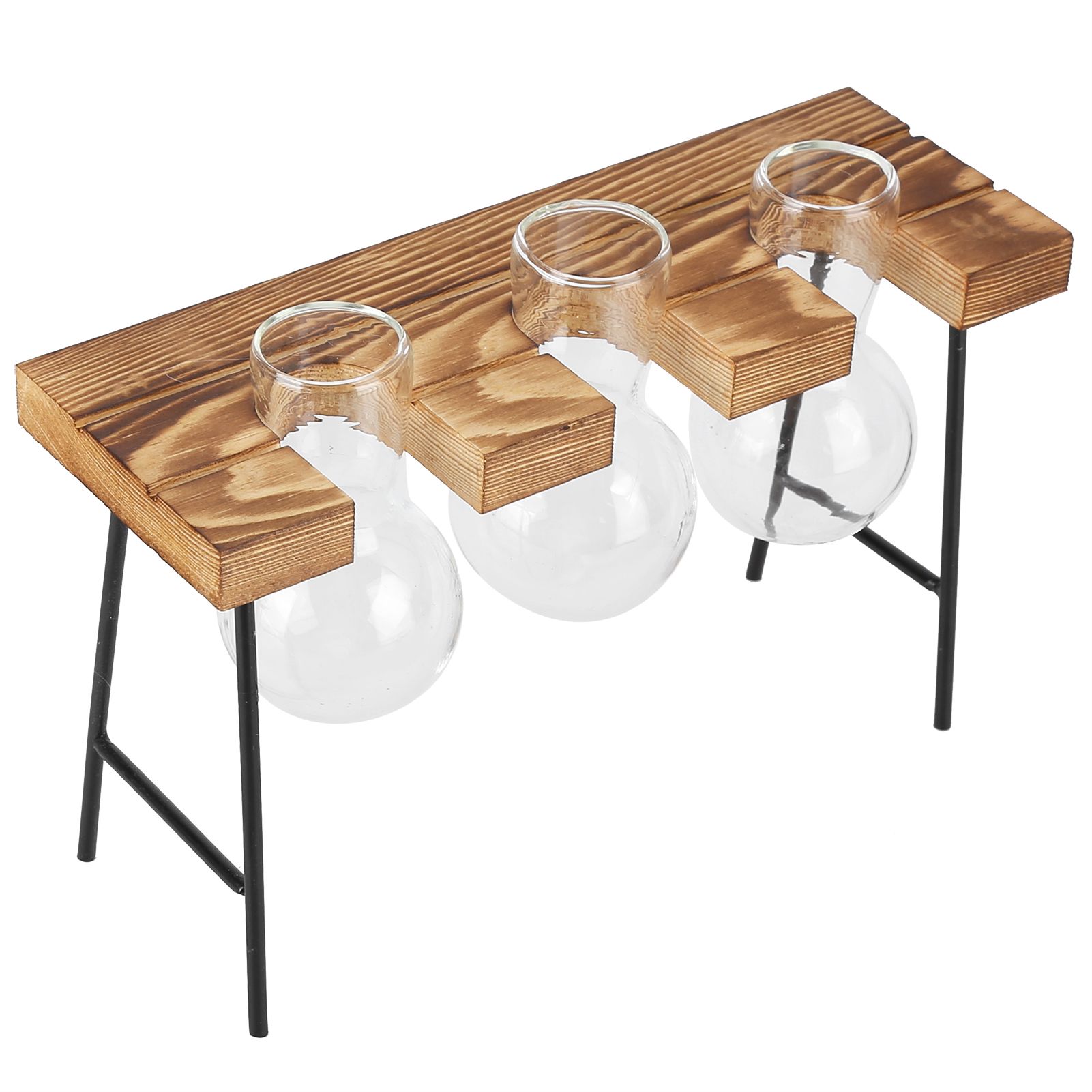Desktop Glass Planter Wooden Stand Bulb Glass Vase Hydroponics Plant Planter for Home Office Garden3 Bottle - Image 3