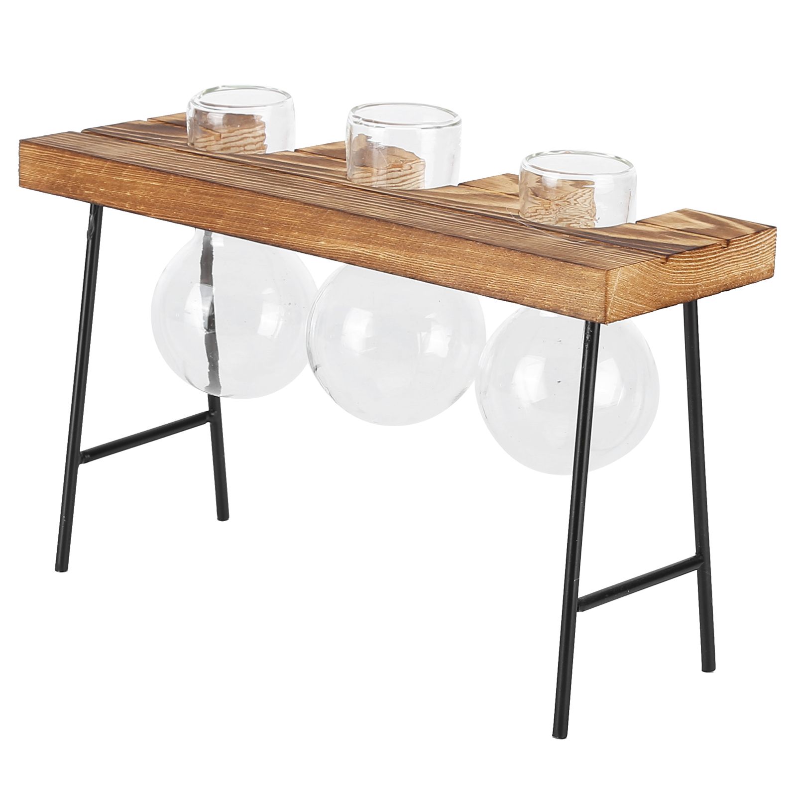 Desktop Glass Planter Wooden Stand Bulb Glass Vase Hydroponics Plant Planter for Home Office Garden3 Bottle - Image 4
