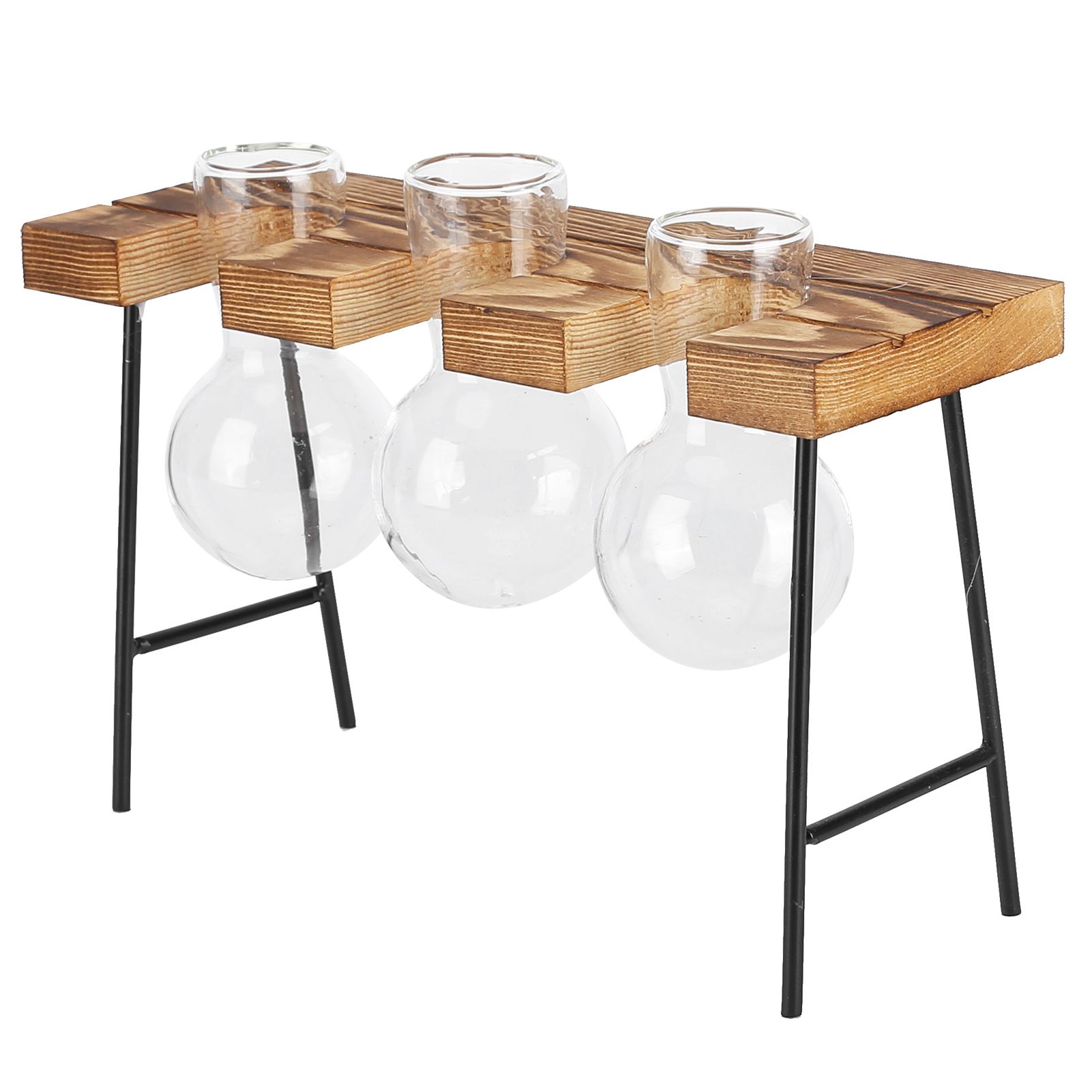 Desktop Glass Planter Wooden Stand Bulb Glass Vase Hydroponics Plant Planter for Home Office Garden3 Bottle - Image 5