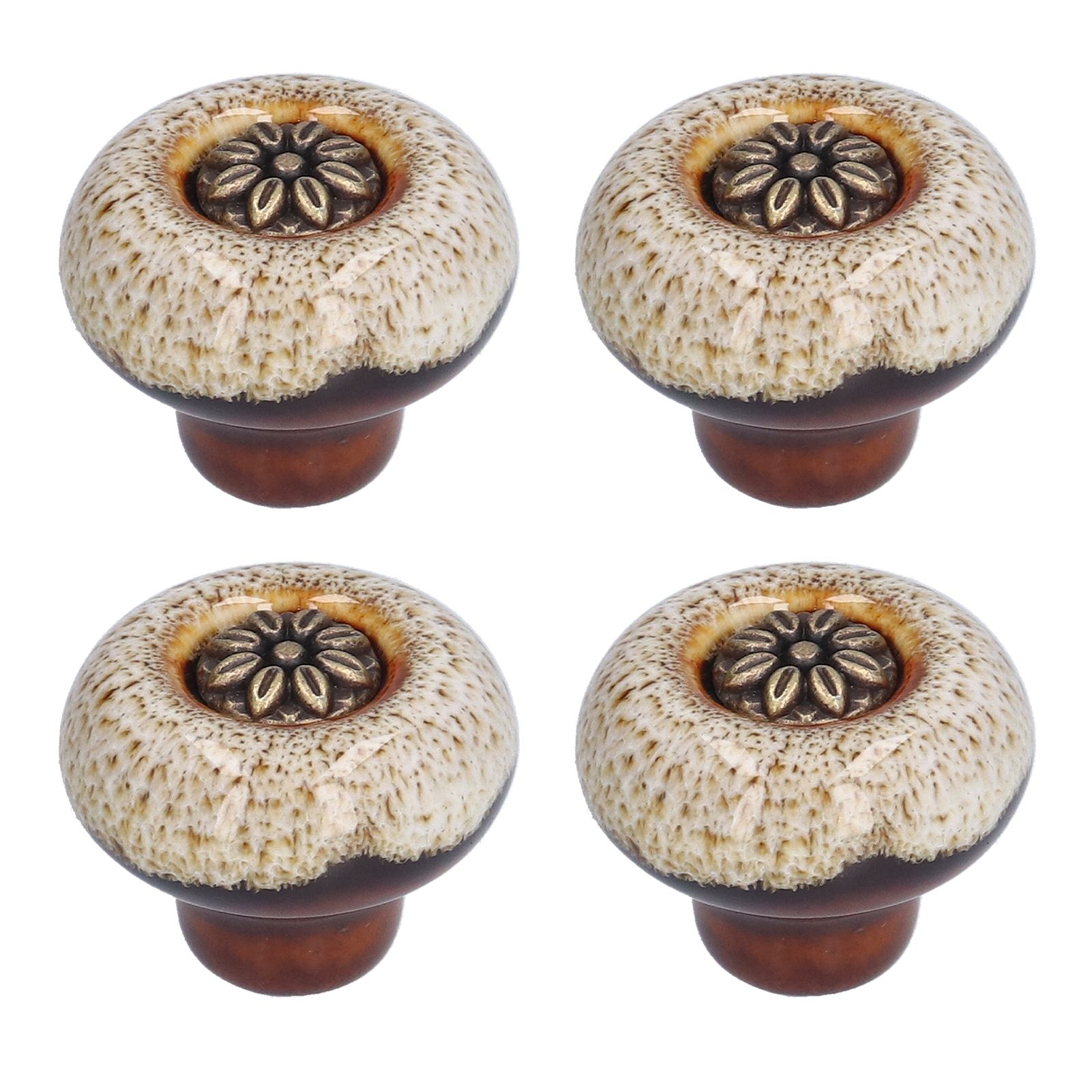 4 Set Cabinet Handle Retro Round Shaped Single Hole Door Knob for Home Bedroom Living RoomGreen Ancient Leopard Print White - Image 1