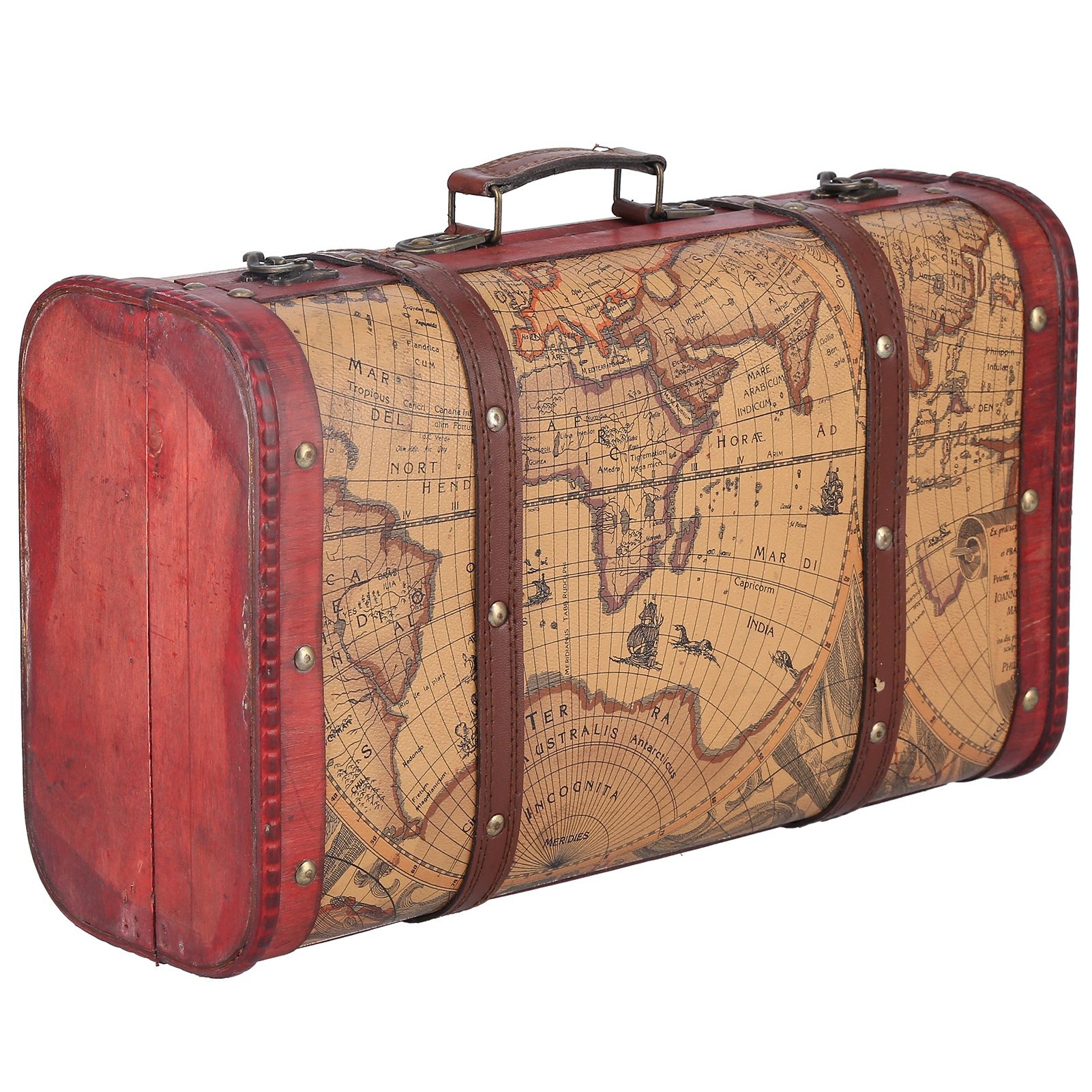 Vintage Suitcase Portable Composite Wood Map Pattern Design Vintage Storage Chest - Image 2