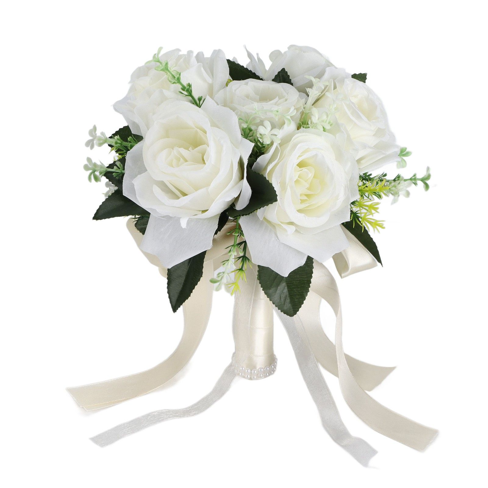 Artificial Wedding Bouquet Silk Flower Simulation Rose Bouquet for Bride Holding FlowersMilky White - Image 1