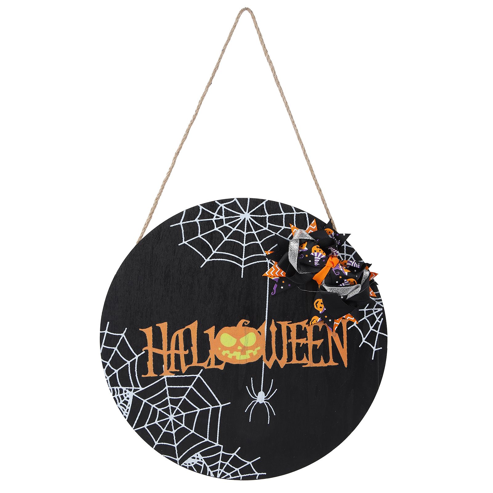 Spider Web Pattern Welcome Sign Wooden Hanging Door Hanger for Halloween Family Gathering BlackBowknot Included - Image 1