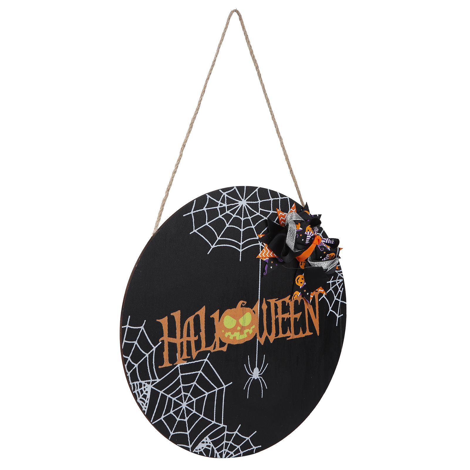 Spider Web Pattern Welcome Sign Wooden Hanging Door Hanger for Halloween Family Gathering BlackBowknot Included - Image 2
