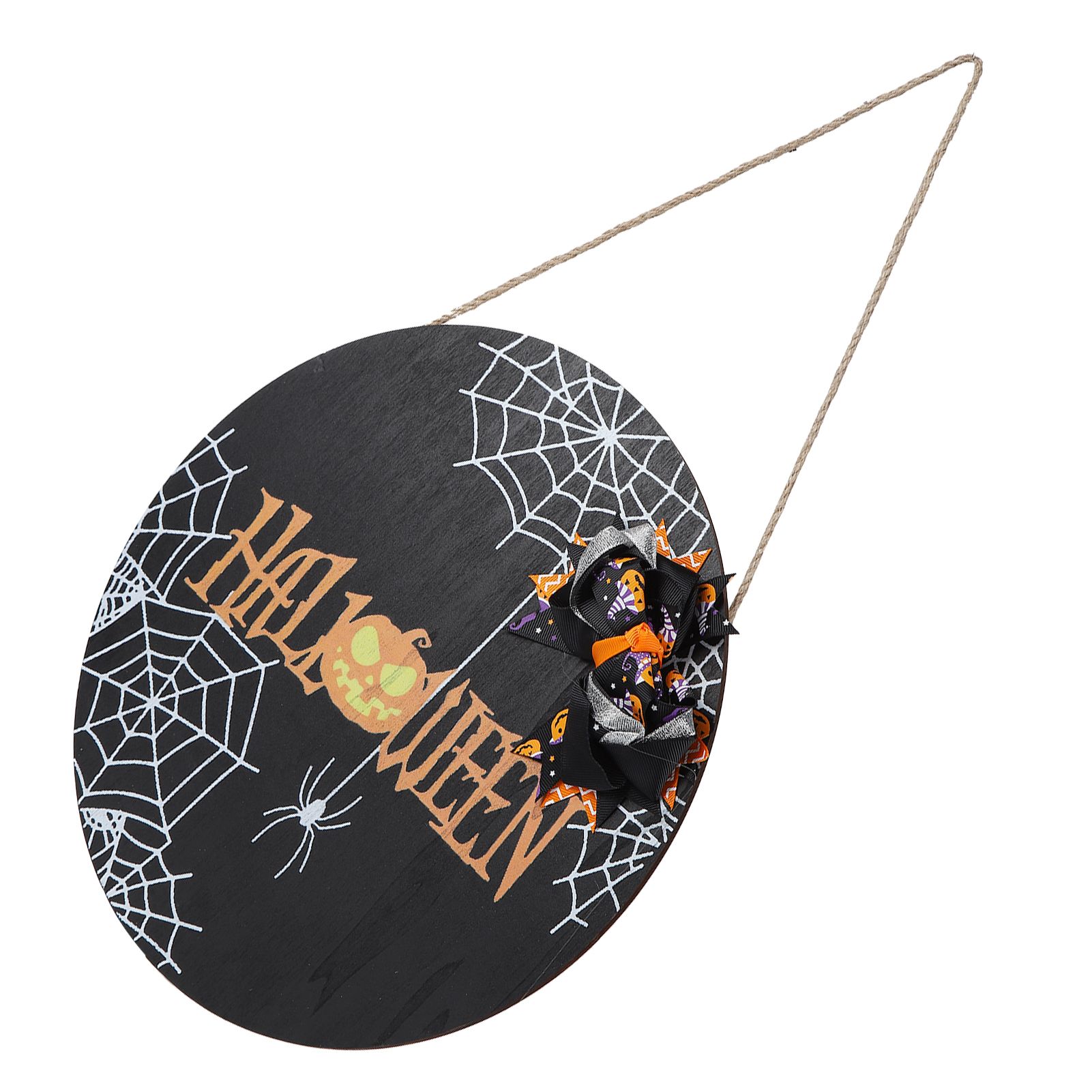 Spider Web Pattern Welcome Sign Wooden Hanging Door Hanger for Halloween Family Gathering BlackBowknot Included - Image 3