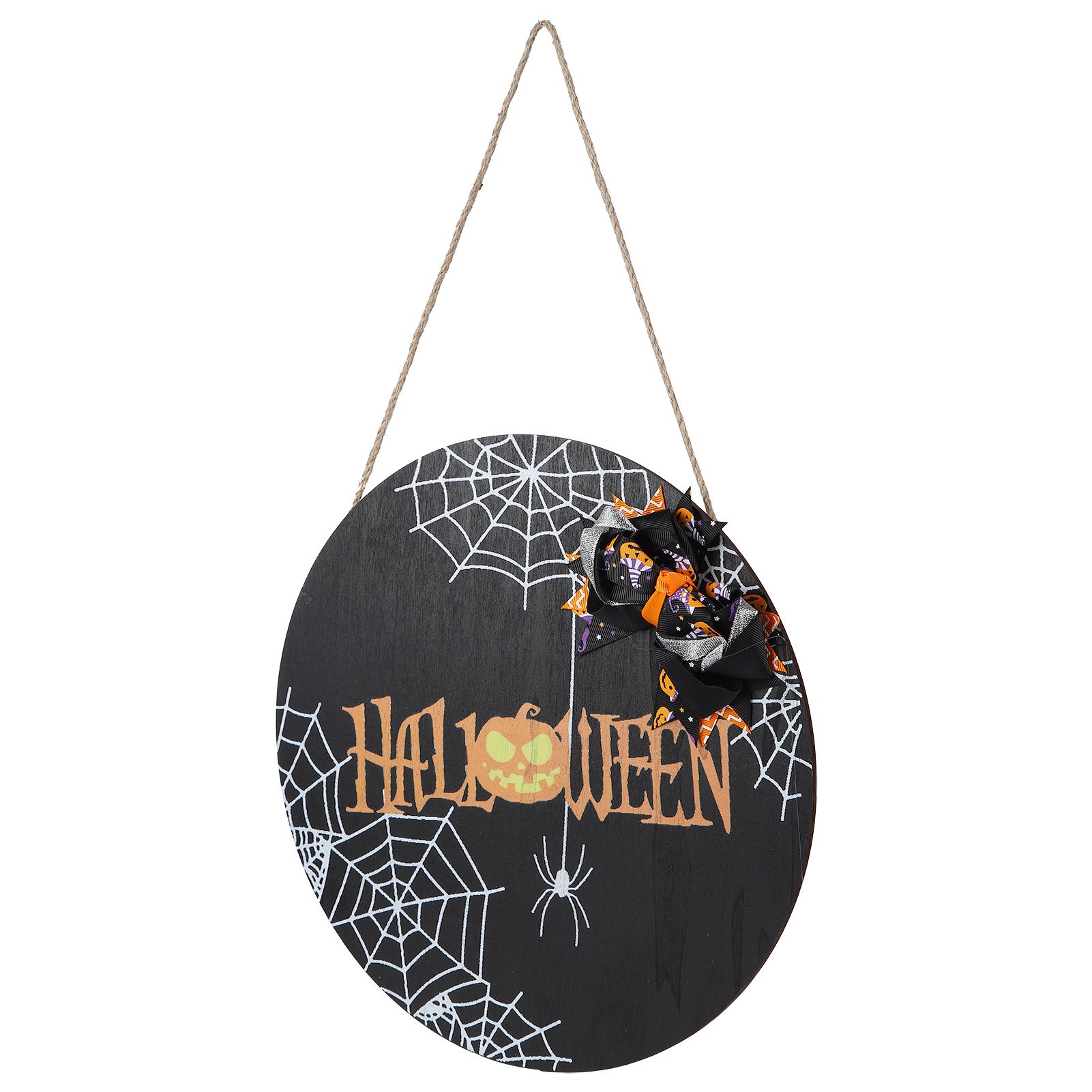 Spider Web Pattern Welcome Sign Wooden Hanging Door Hanger for Halloween Family Gathering BlackBowknot Included - Image 4