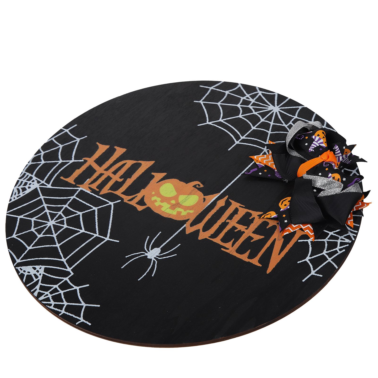 Spider Web Pattern Welcome Sign Wooden Hanging Door Hanger for Halloween Family Gathering BlackBowknot Included - Image 5