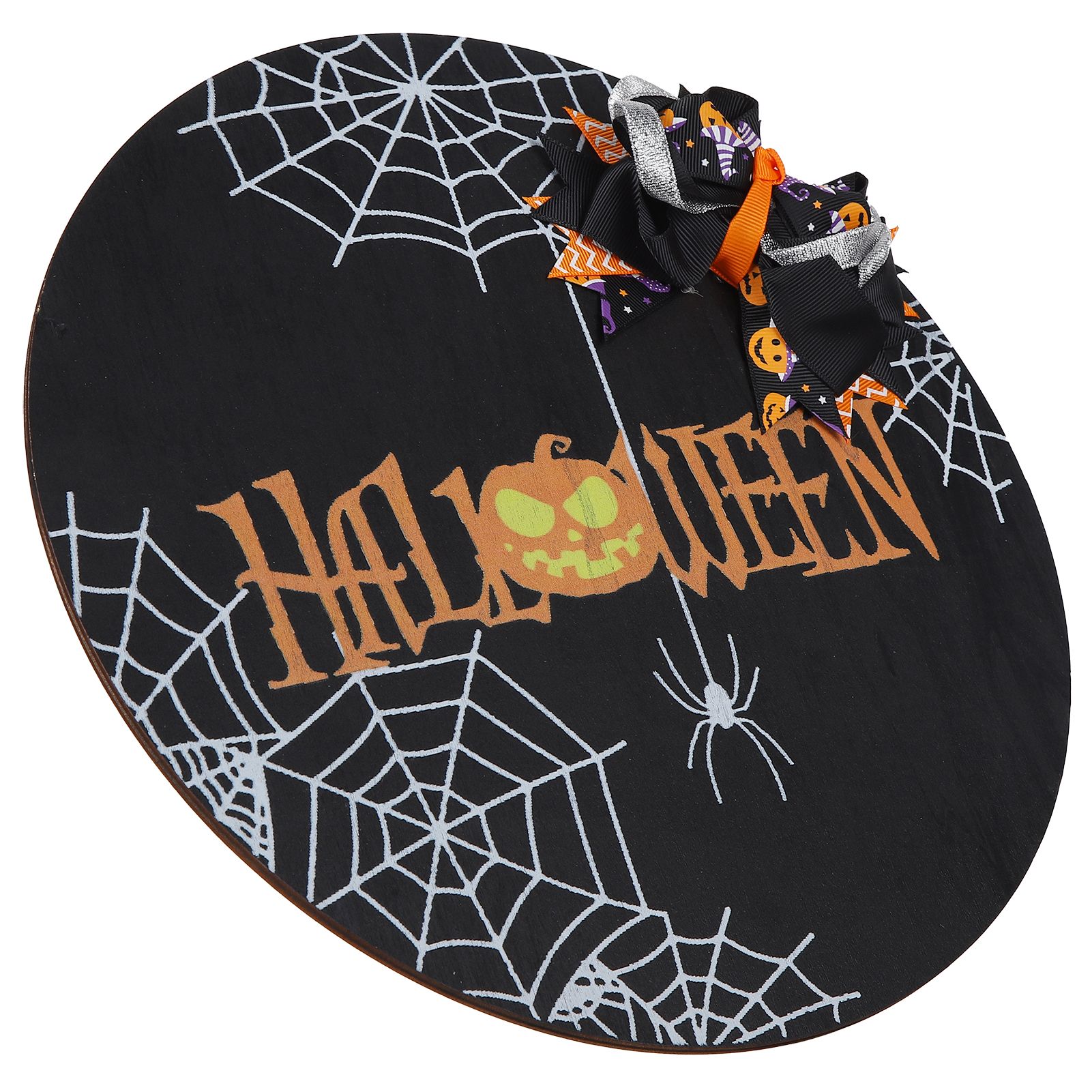 Spider Web Pattern Welcome Sign Wooden Hanging Door Hanger for Halloween Family Gathering BlackBowknot Included - Image 6
