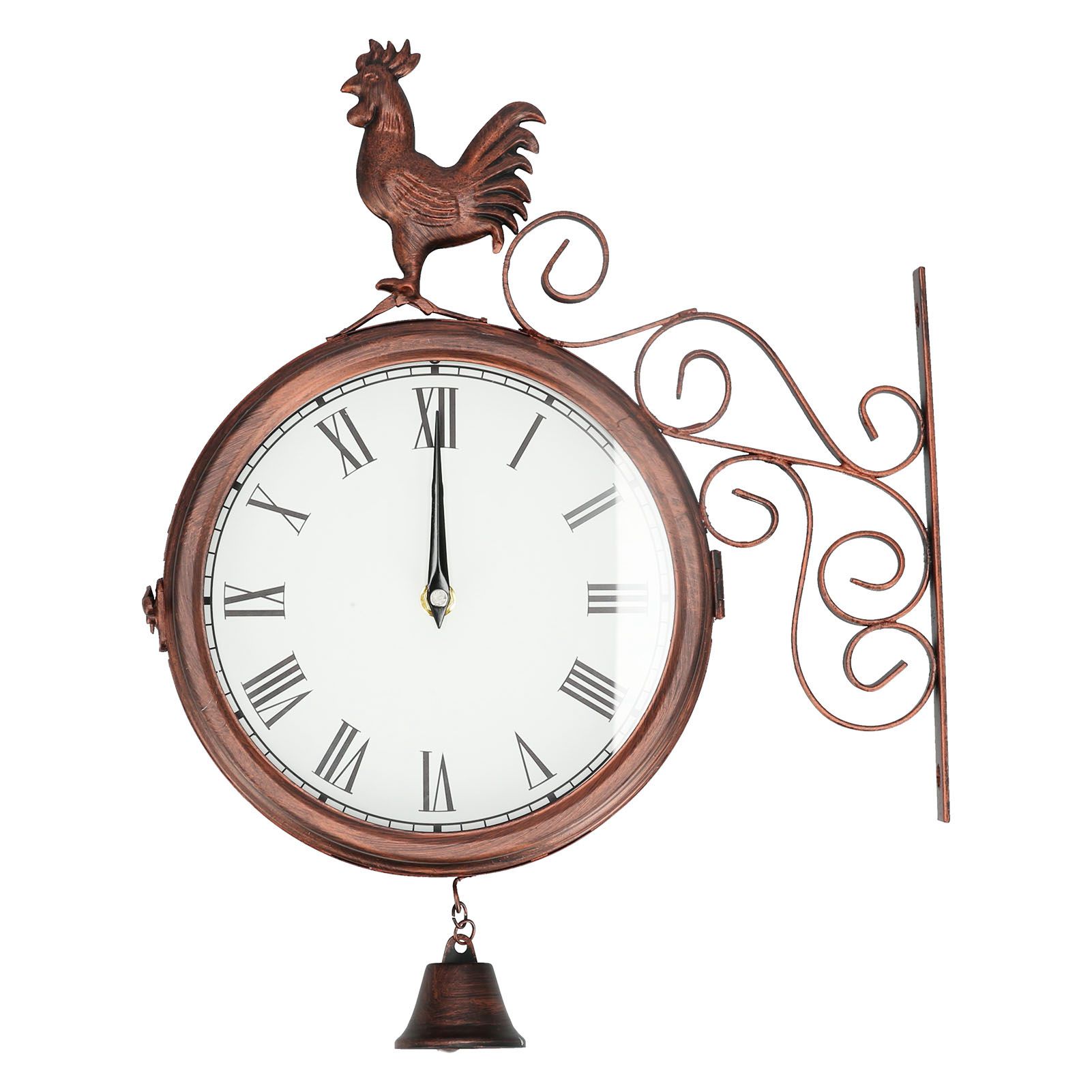 Iron Wrought Wall Clock Rooster Double Sided Antique Brass Wall Clock Round Roman Numeral Wall Clock for Home Garden - Image 1