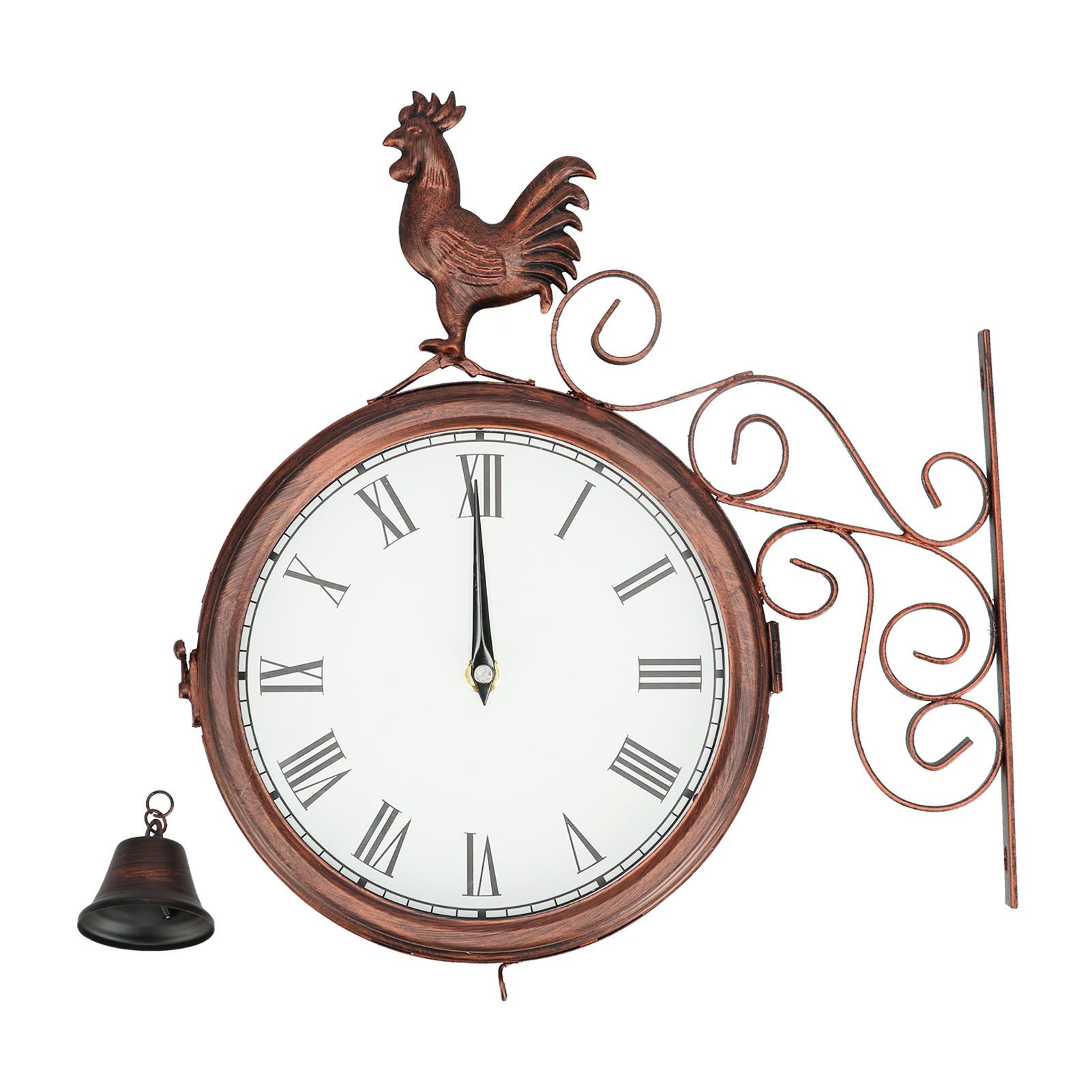 Iron Wrought Wall Clock Rooster Double Sided Antique Brass Wall Clock Round Roman Numeral Wall Clock for Home Garden - Image 2