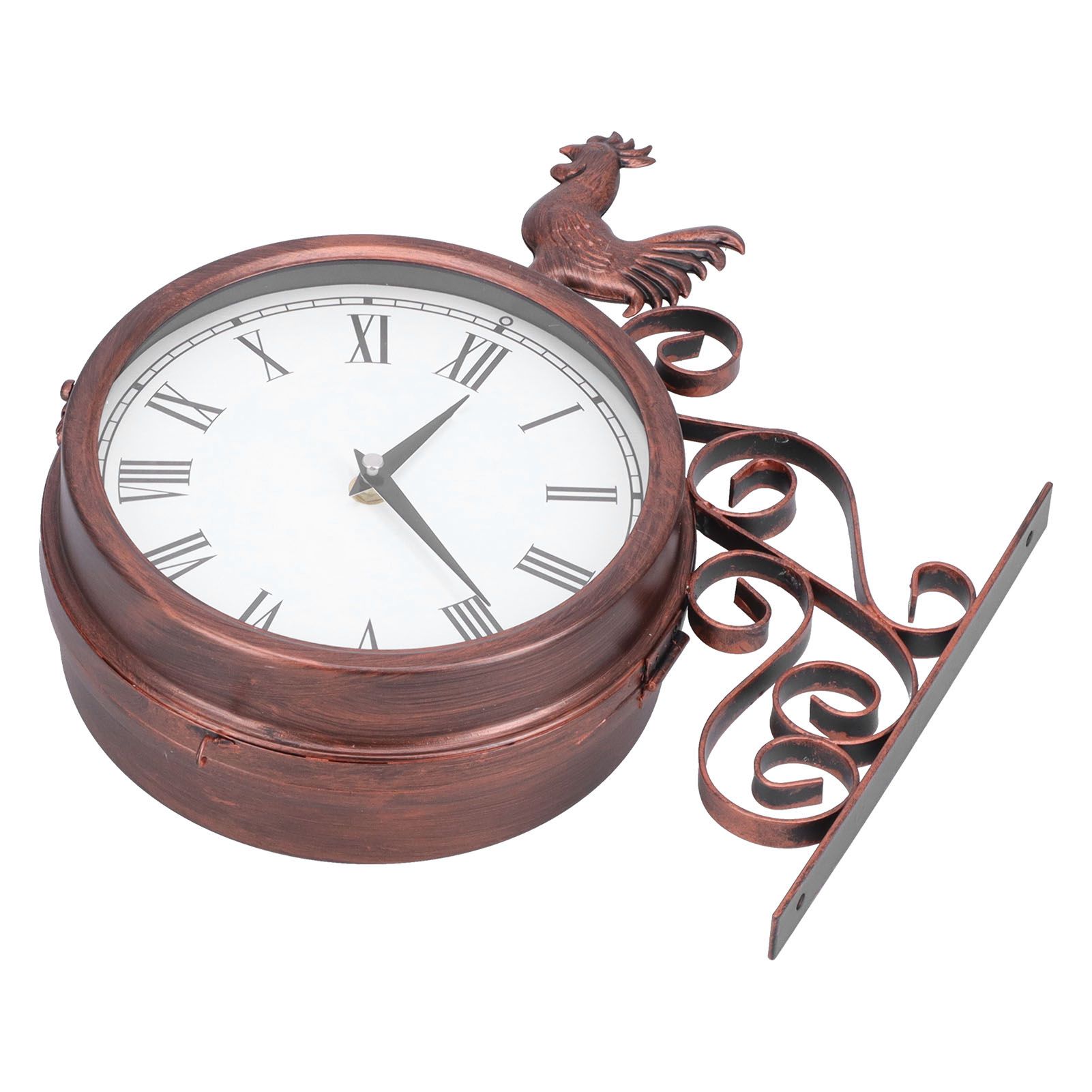 Iron Wrought Wall Clock Rooster Double Sided Antique Brass Wall Clock Round Roman Numeral Wall Clock for Home Garden - Image 3