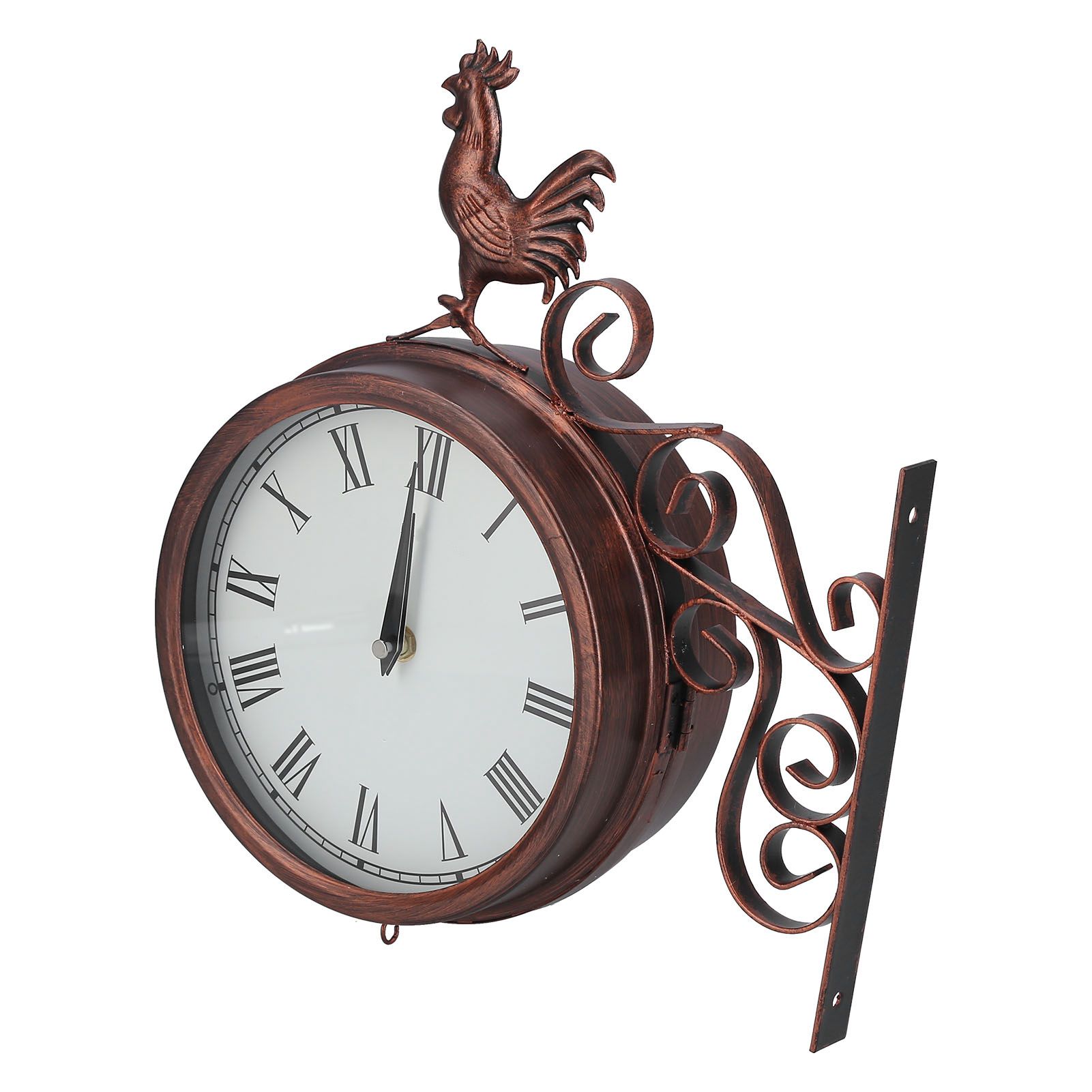 Iron Wrought Wall Clock Rooster Double Sided Antique Brass Wall Clock Round Roman Numeral Wall Clock for Home Garden - Image 8