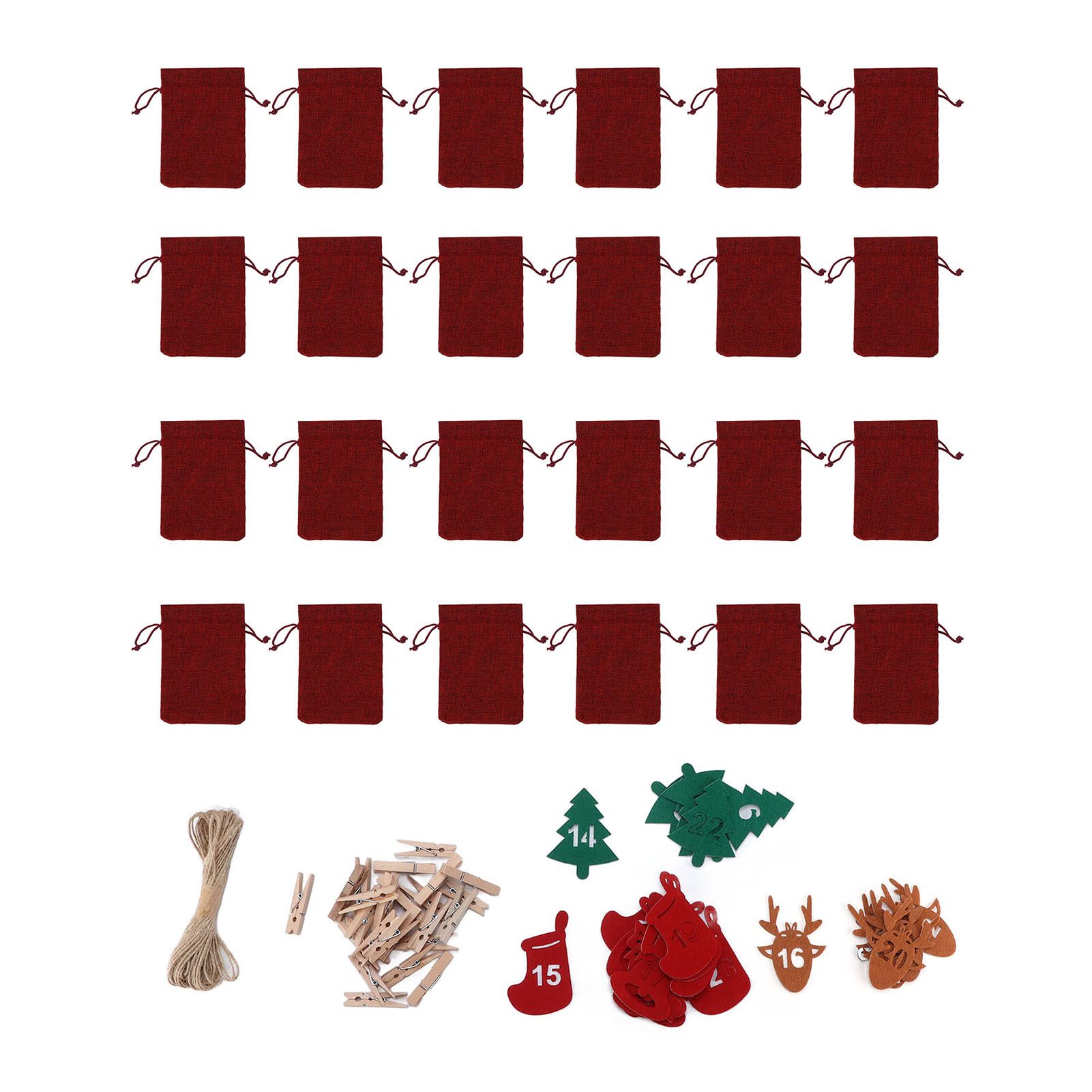 24Pcs Christmas Advent Calendar Drawstring Bags Reusable Hanging Countdown Pouch for Candy Jewelry GiftWine Red - Image 1