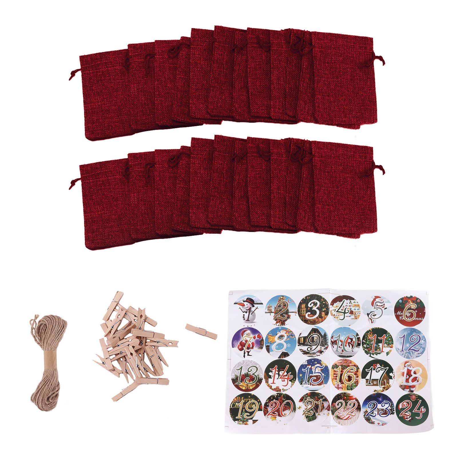 24PCS Drawstring Christmas Bag Lucky Number Gift Bag Christmas Sack Christmas Advent Calendar PouchWine Red - Image 1