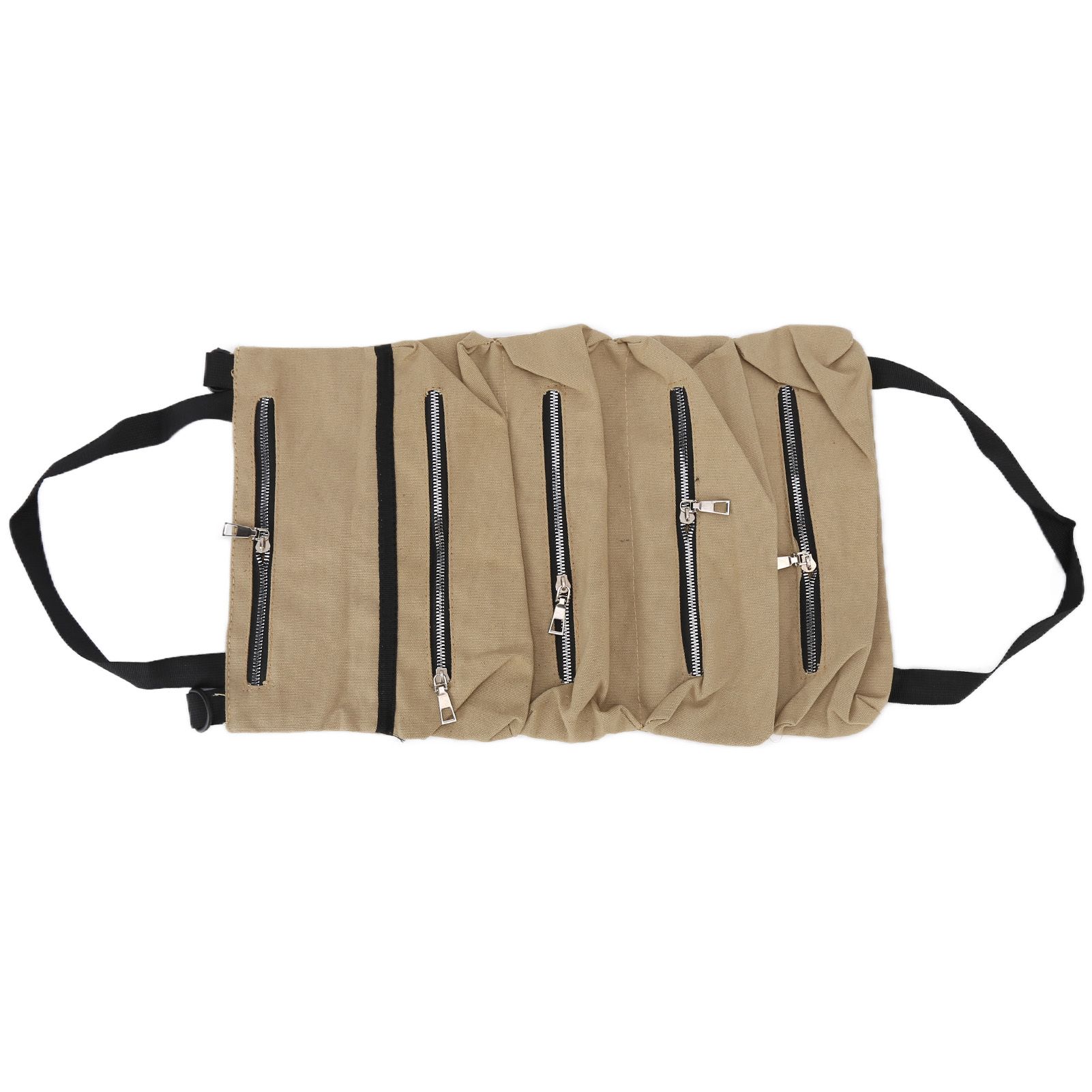 Tool Storage Bag Canvas Foldable Zipper Design Lightweight and Durable High Capacity Tool Roll Up Bag with StrapsKhaki - Image 1