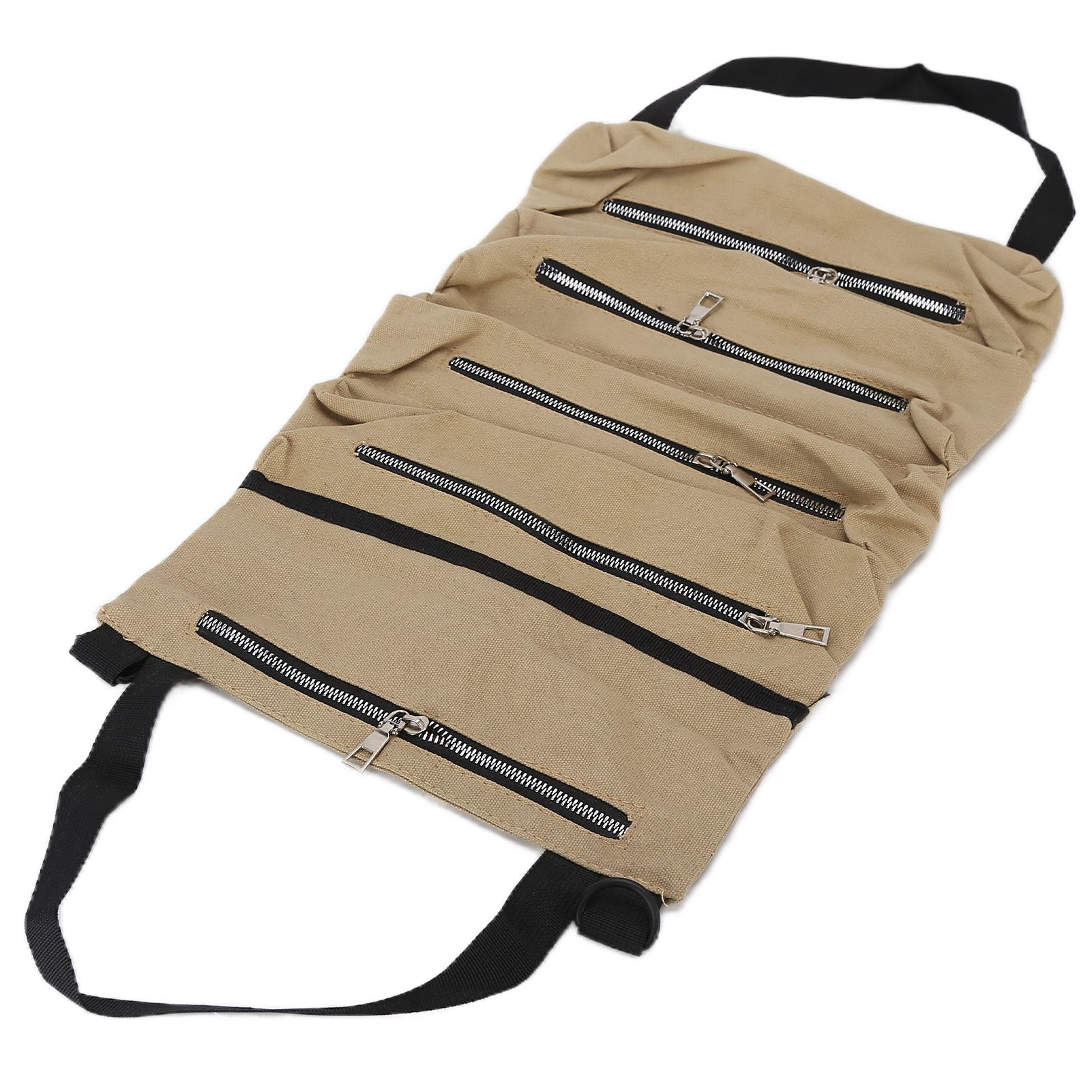 Tool Storage Bag Canvas Foldable Zipper Design Lightweight and Durable High Capacity Tool Roll Up Bag with StrapsKhaki - Image 3