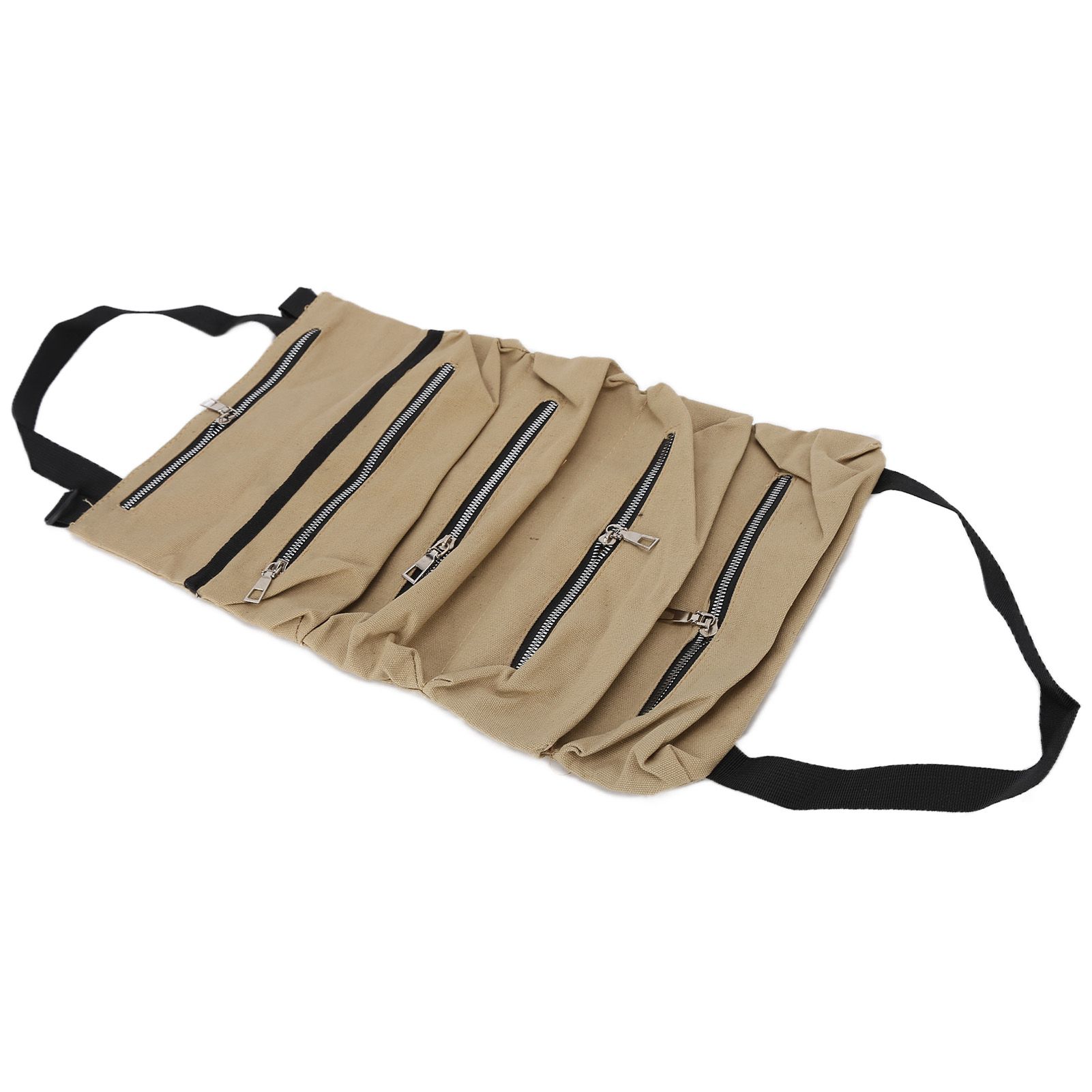 Tool Storage Bag Canvas Foldable Zipper Design Lightweight and Durable High Capacity Tool Roll Up Bag with StrapsKhaki - Image 4