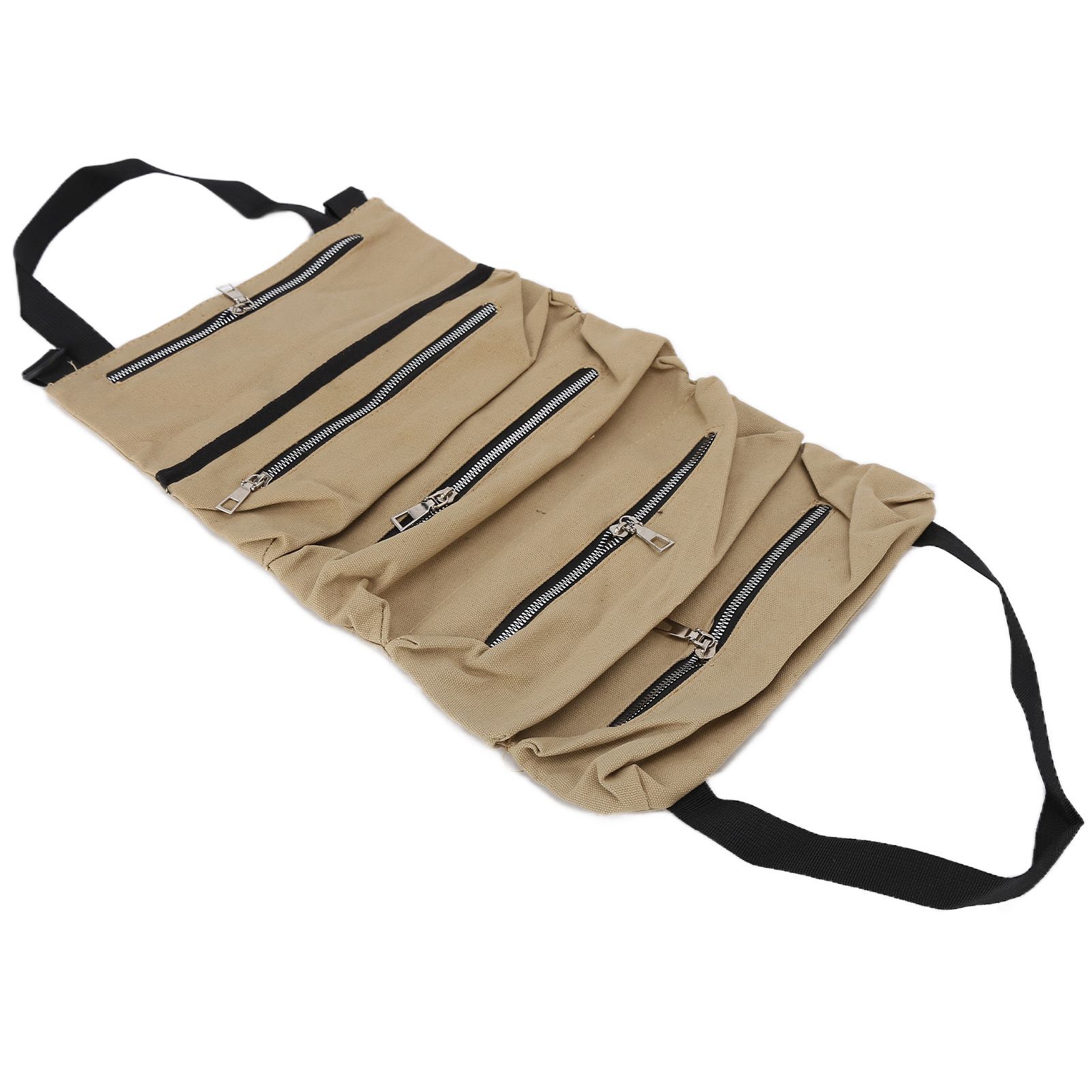 Tool Storage Bag Canvas Foldable Zipper Design Lightweight and Durable High Capacity Tool Roll Up Bag with StrapsKhaki - Image 5