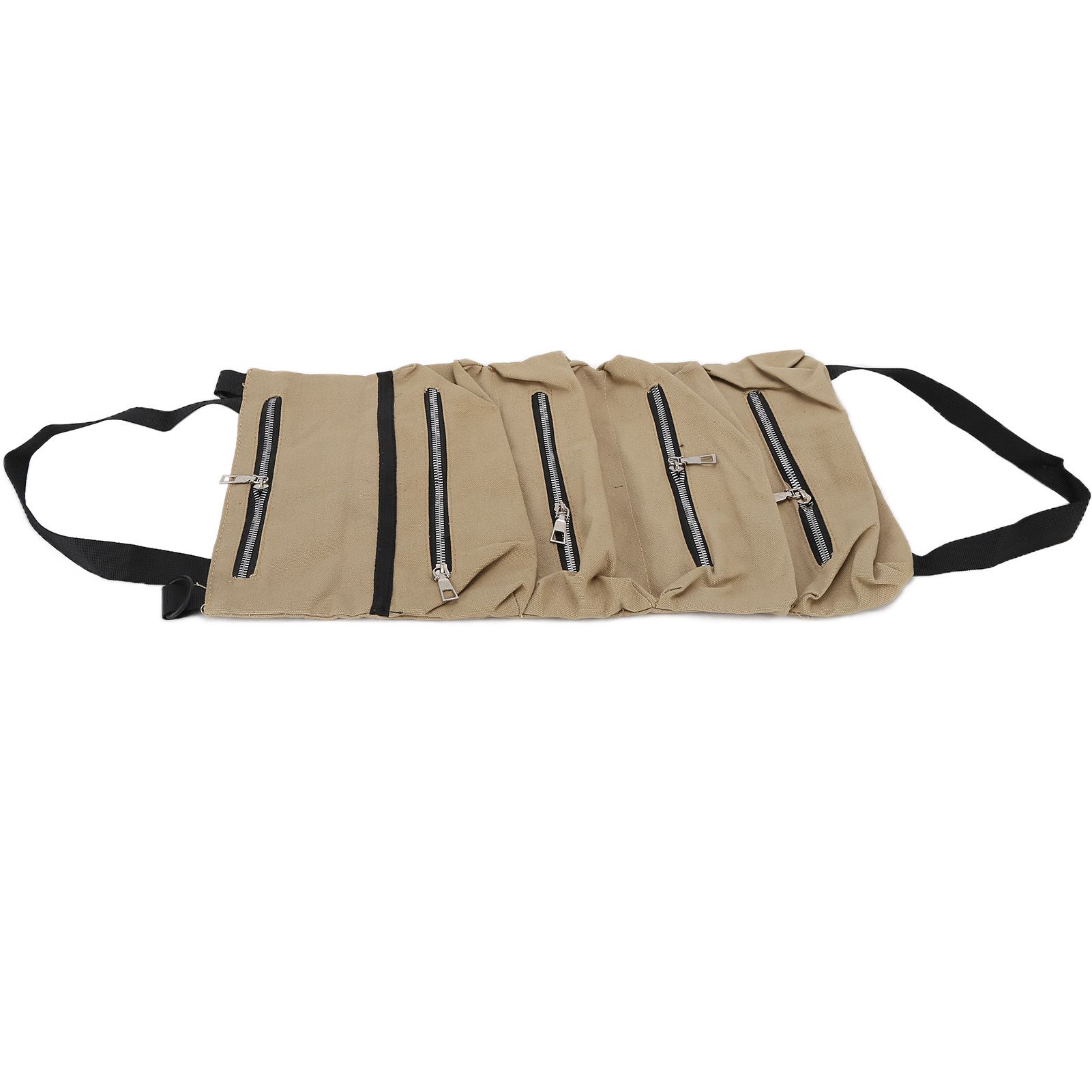 Tool Storage Bag Canvas Foldable Zipper Design Lightweight and Durable High Capacity Tool Roll Up Bag with StrapsKhaki - Image 6