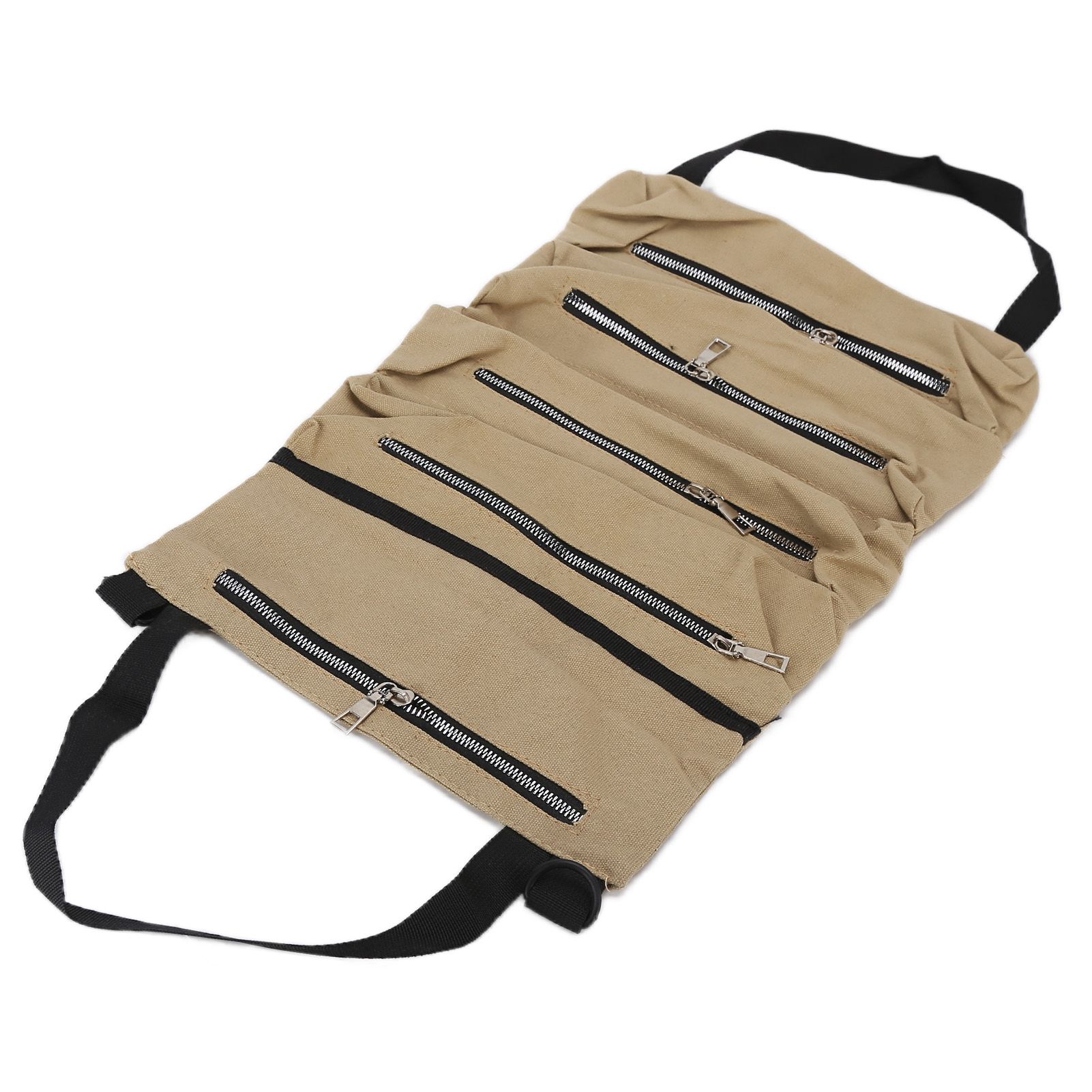 Tool Storage Bag Canvas Foldable Zipper Design Lightweight and Durable High Capacity Tool Roll Up Bag with StrapsKhaki - Image 7