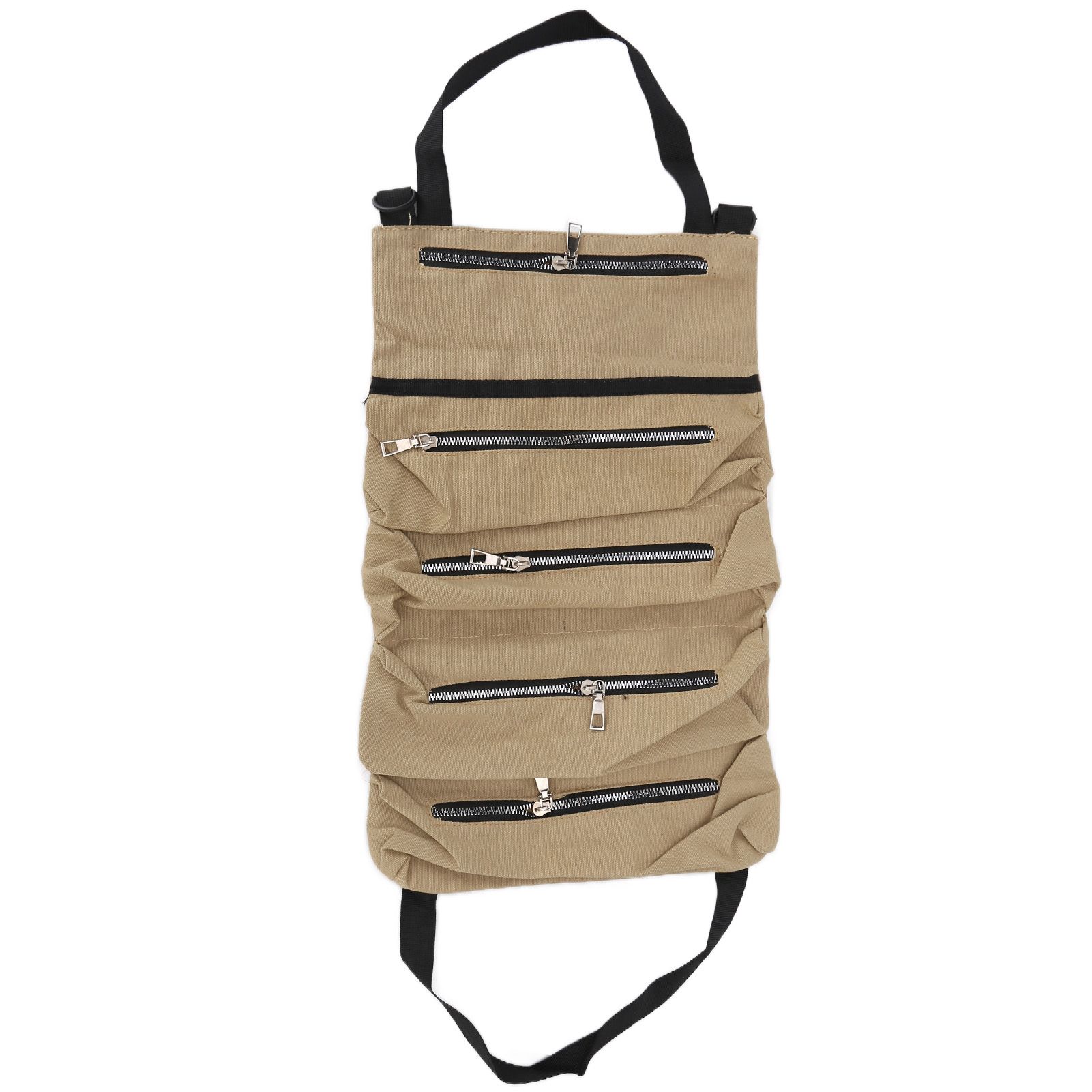 Tool Storage Bag Canvas Foldable Zipper Design Lightweight and Durable High Capacity Tool Roll Up Bag with StrapsKhaki - Image 8