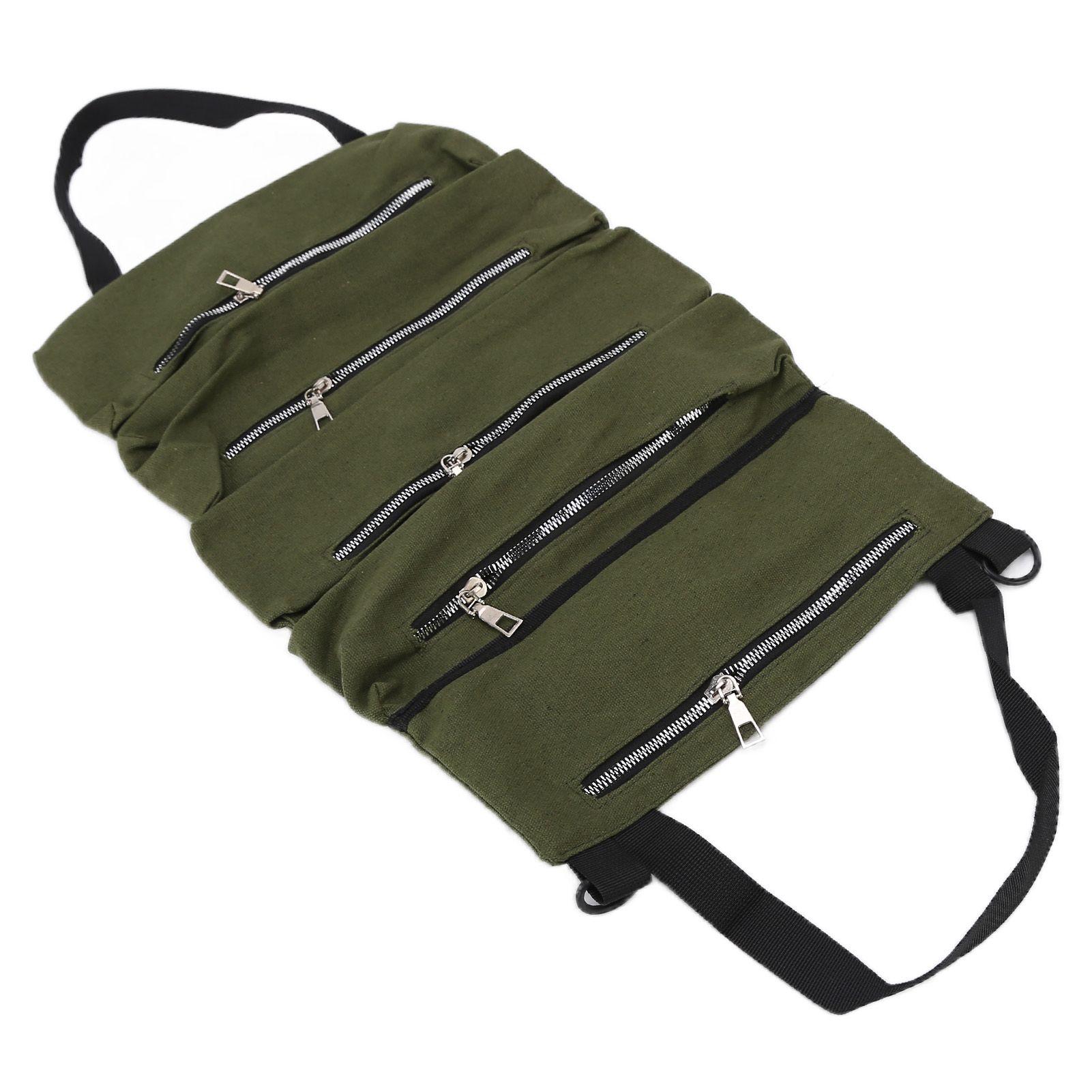 Tool Storage Bag Canvas Foldable Zipper Design Lightweight and Durable High Capacity Tool Roll Up Bag with StrapsGreen - Image 4