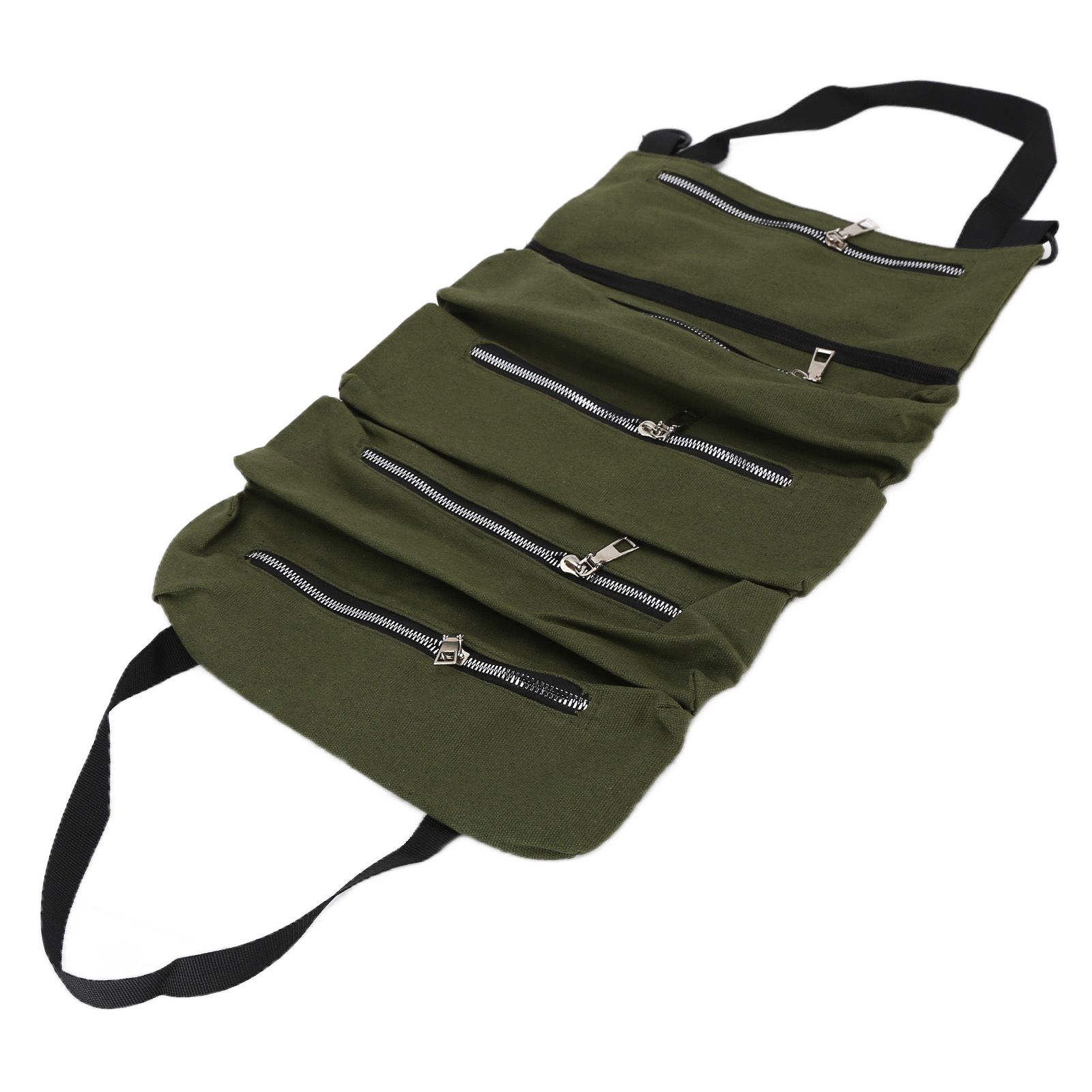Tool Storage Bag Canvas Foldable Zipper Design Lightweight and Durable High Capacity Tool Roll Up Bag with StrapsGreen - Image 5