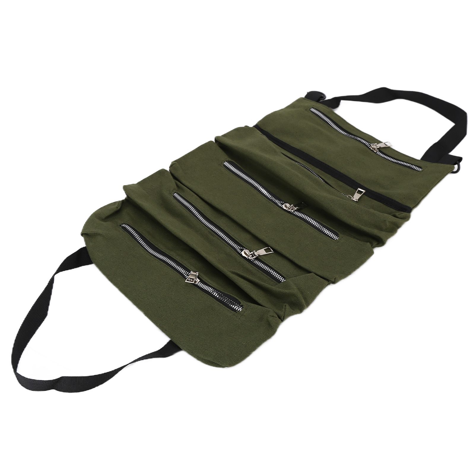 Tool Storage Bag Canvas Foldable Zipper Design Lightweight and Durable High Capacity Tool Roll Up Bag with StrapsGreen - Image 6