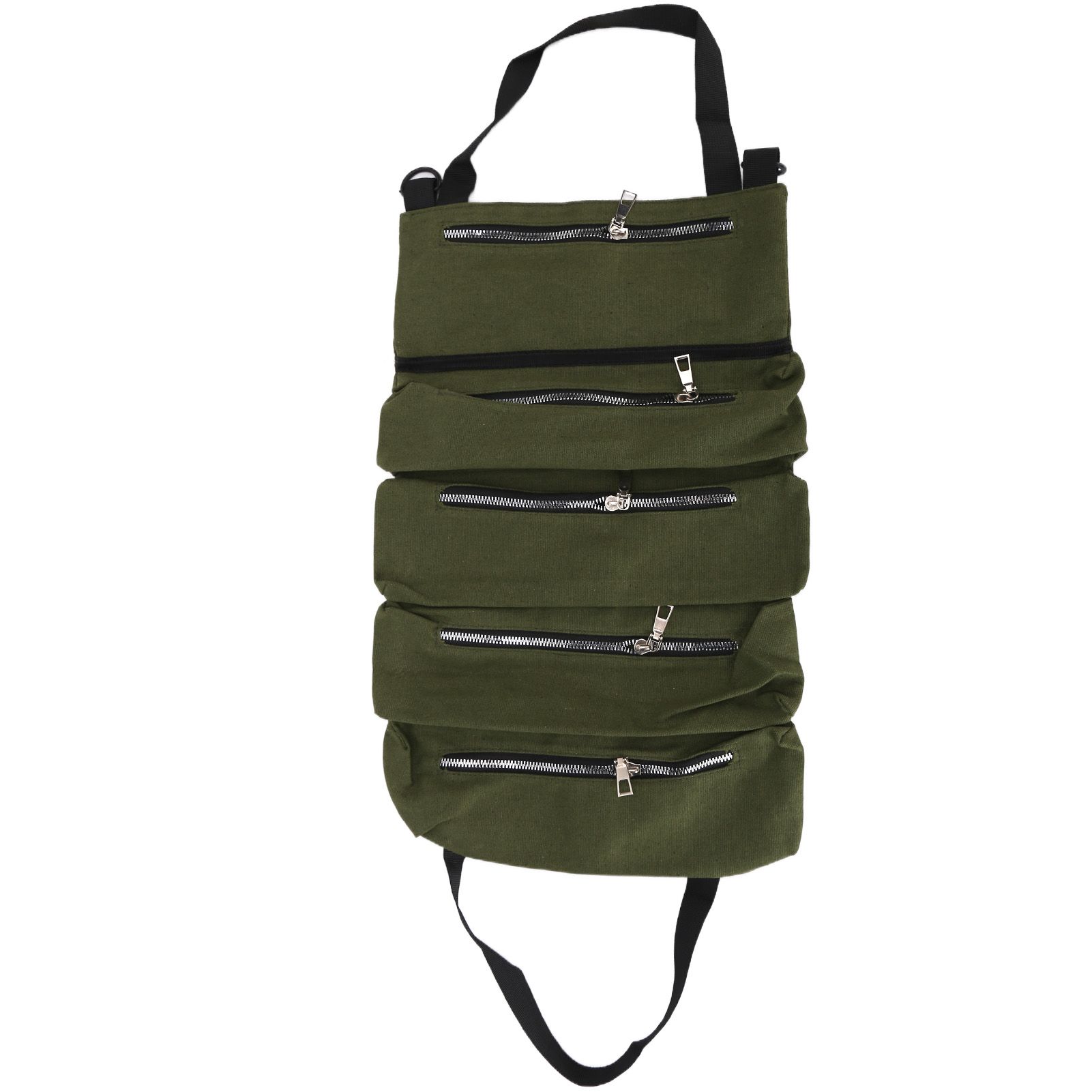 Tool Storage Bag Canvas Foldable Zipper Design Lightweight and Durable High Capacity Tool Roll Up Bag with StrapsGreen - Image 8