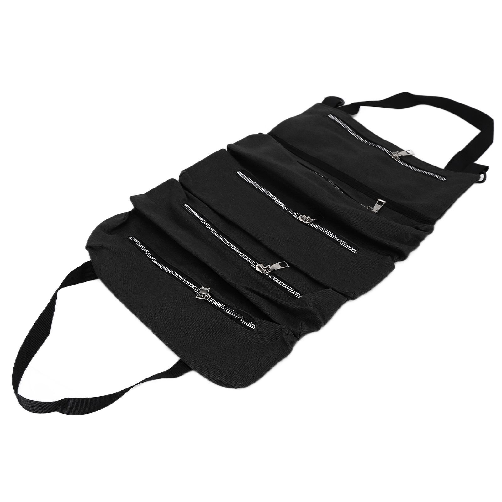 Tool Storage Bag Canvas Foldable Zipper Design Lightweight and Durable High Capacity Tool Roll Up Bag with StrapsBlack - Image 2