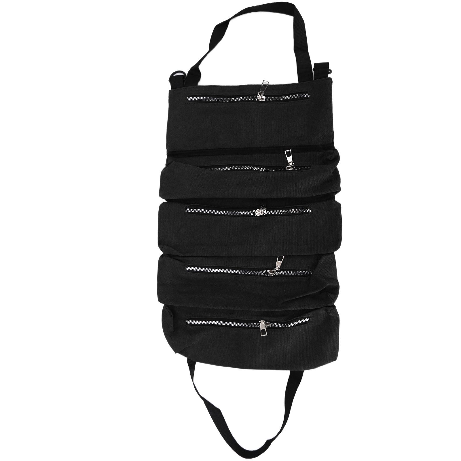 Tool Storage Bag Canvas Foldable Zipper Design Lightweight and Durable High Capacity Tool Roll Up Bag with StrapsBlack - Image 4