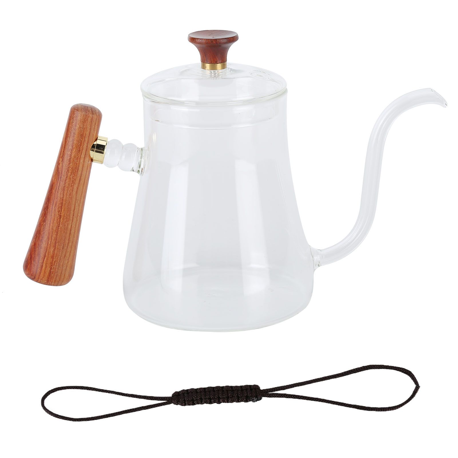 Coffee Kettle Pour Over High Borosilicate Glass Heat Resistant Round Wood Insulated Handle Gooseneck Kettle350ml - Image 1