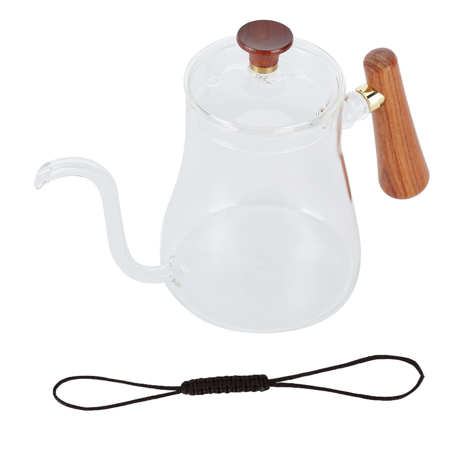 Coffee Kettle Pour Over High Borosilicate Glass Heat Resistant Round Wood Insulated Handle Gooseneck Kettle600ml - Image 2