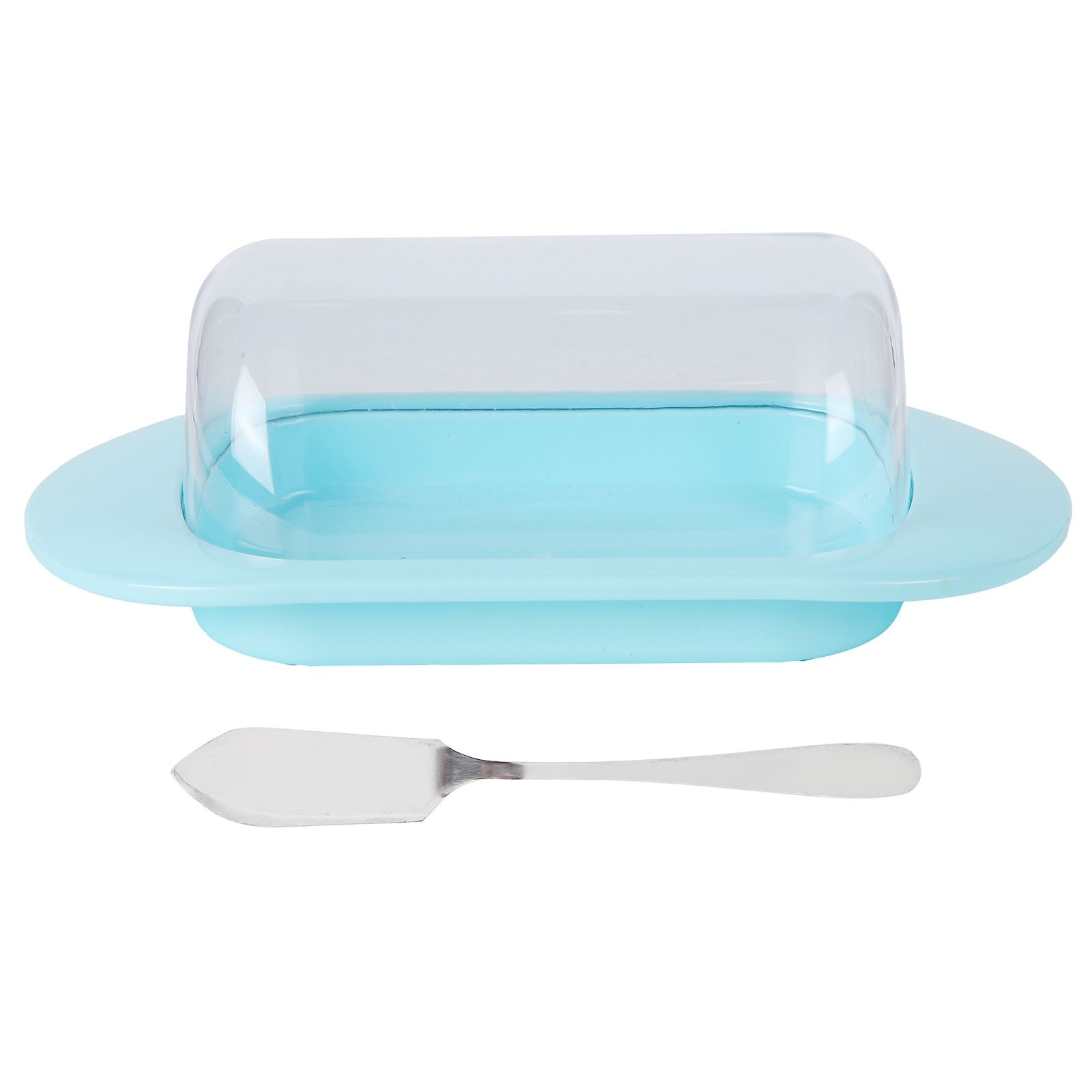 Round Edge Plastic Butter Storage Box Cheese Dessert Bread Server Keeper with Transparent Cover KnifeBlue - Image 1