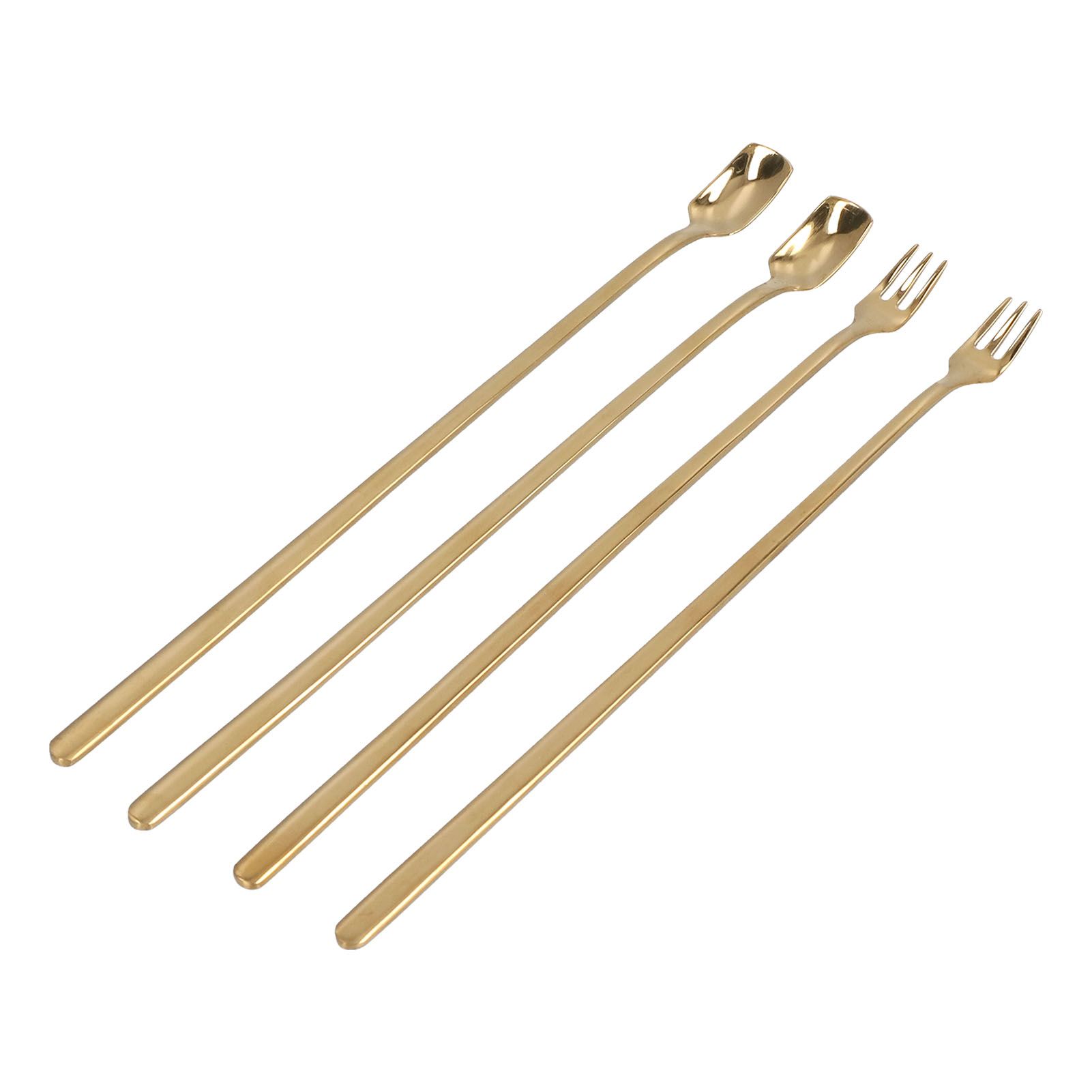 4Pcs 304 Stainless Steel Coffee Spoon Long Handle Coffee Spoon and Fork with Square Head Durable Easy Cleaning for Cafe and BarGold - Image 1