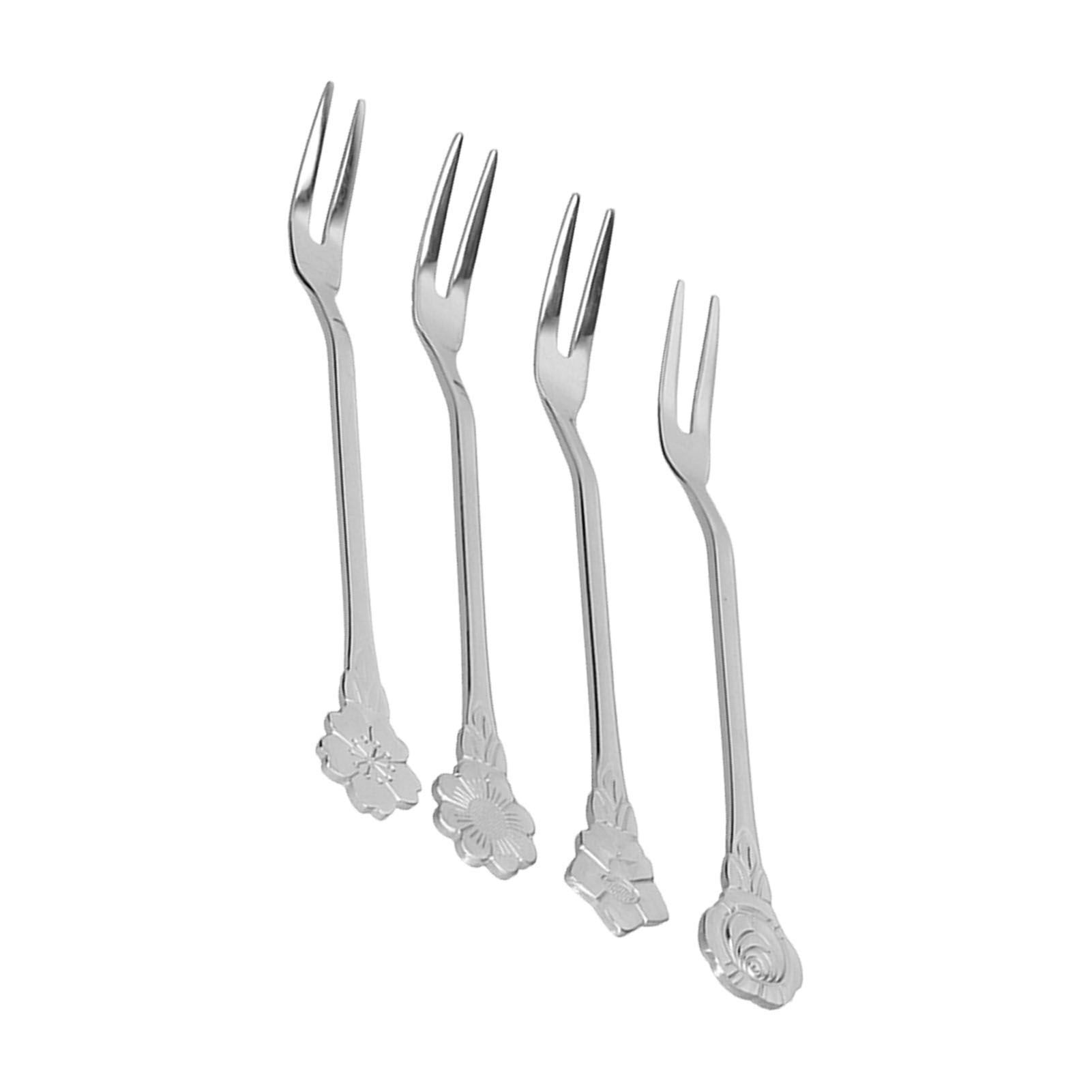 4pcs 2 Prong Fruit Fork Stainless Steel Mini Salad Fruit Dessert Tasting Forks for Home Kitchen PartySilver - Image 2