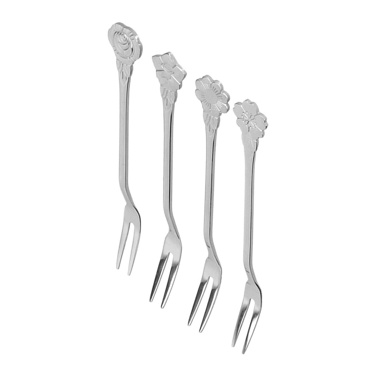 4pcs 2 Prong Fruit Fork Stainless Steel Mini Salad Fruit Dessert Tasting Forks for Home Kitchen PartySilver - Image 3